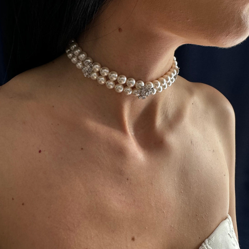 Elegant White Pearl Necklace Layered Choker Design Wedding Jewelry Collection Bridal Accessory Set Crystal Pearl Strands Diamante Flower Spacers Classic Formal Style Special Occasion Essential Adjustable Length Option Timeless Elegant Look