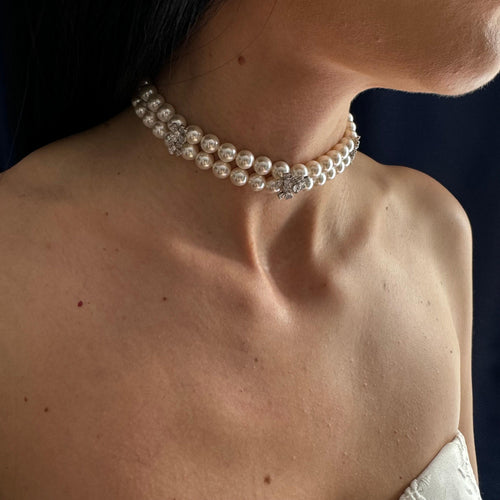 Elegant White Pearl Necklace Layered Choker Design Wedding Jewelry Collection Bridal Accessory Set Crystal Pearl Strands Diamante Flower Spacers Classic Formal Style Special Occasion Essential Adjustable Length Option Timeless Elegant Look