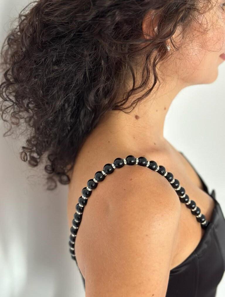 Detachable Black Straps Rhinestone Embellished Accessory Elegant Fashion Detail Versatile Dress Enhancement Adjustable Shoulder Jewelry Sparkly Crystal Beaded Design Formal Wear Upgrade Removable Attachment System Glamorous Style Element