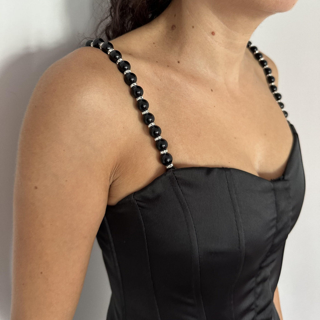 Silver Crystal Straps Black Rhinestone Collection Beaded Pearl Design Elegant Shoulder Accessory Detachable Fashion Enhancement Sparkly Dress Detail Adjustable Length Feature Sophisticated Style Element Evening Wear Jewelry Formal Occasion