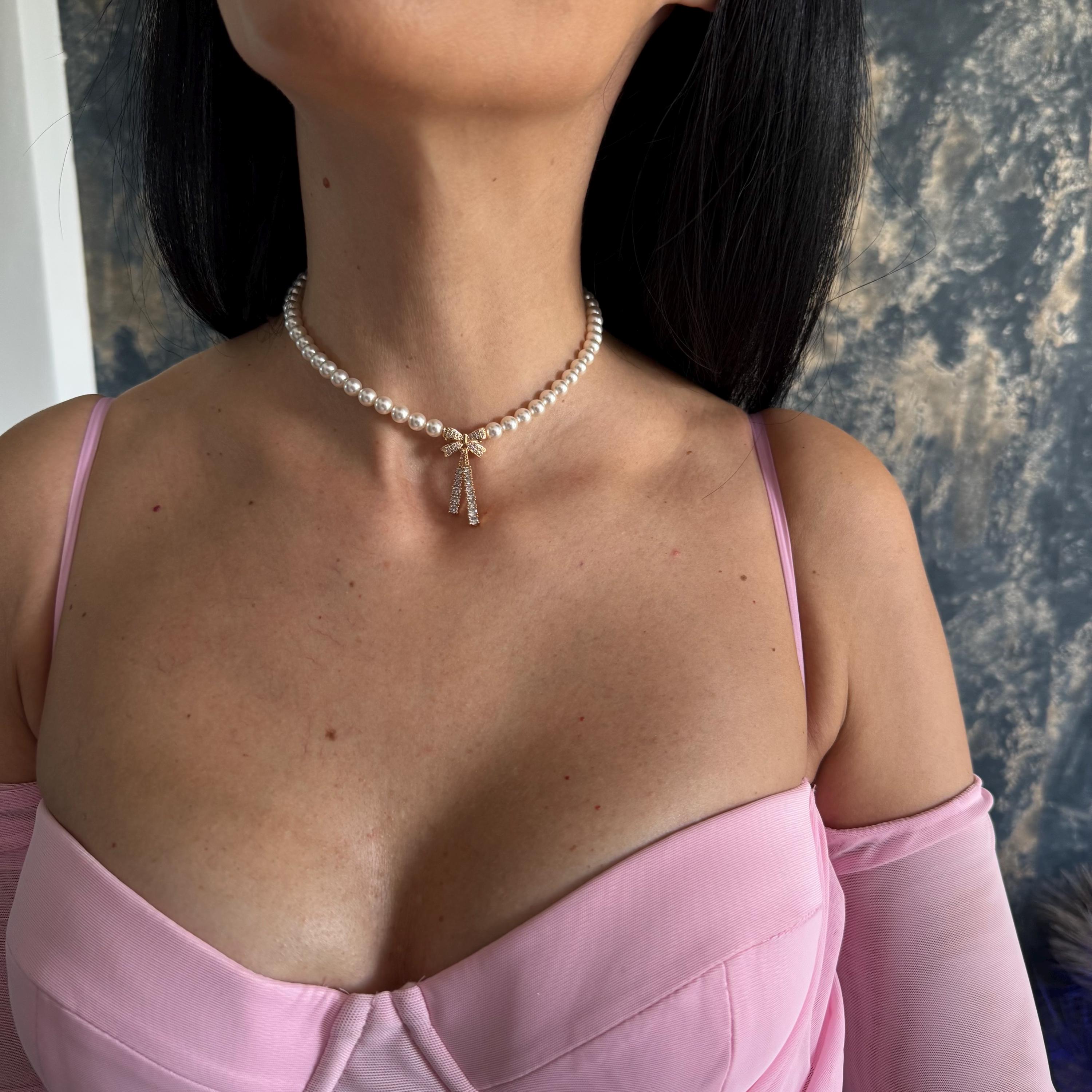 Adjustable Choker Necklace Pearl Bow Design Crystal Quality Materials Dainty Feminine Style Gold Plated Option Silver Alternative Elegant Neck Piece Formal Occasion Jewelry Special Event Accessory Perfect Gift Idea Women Birthday Present