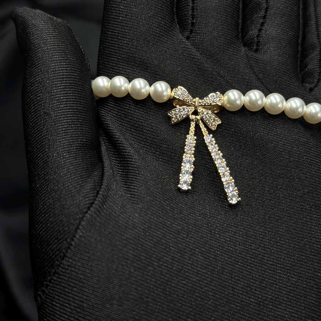 Dainty Bow Necklace Pearl Crystal Design Elegant Choker Style Adjustable Length Chain Gold Silver Options Premium Quality Materials Sophisticated Neck Piece Formal Event Jewelry Special Occasion Accessory Perfect Gift Idea Women Feminine