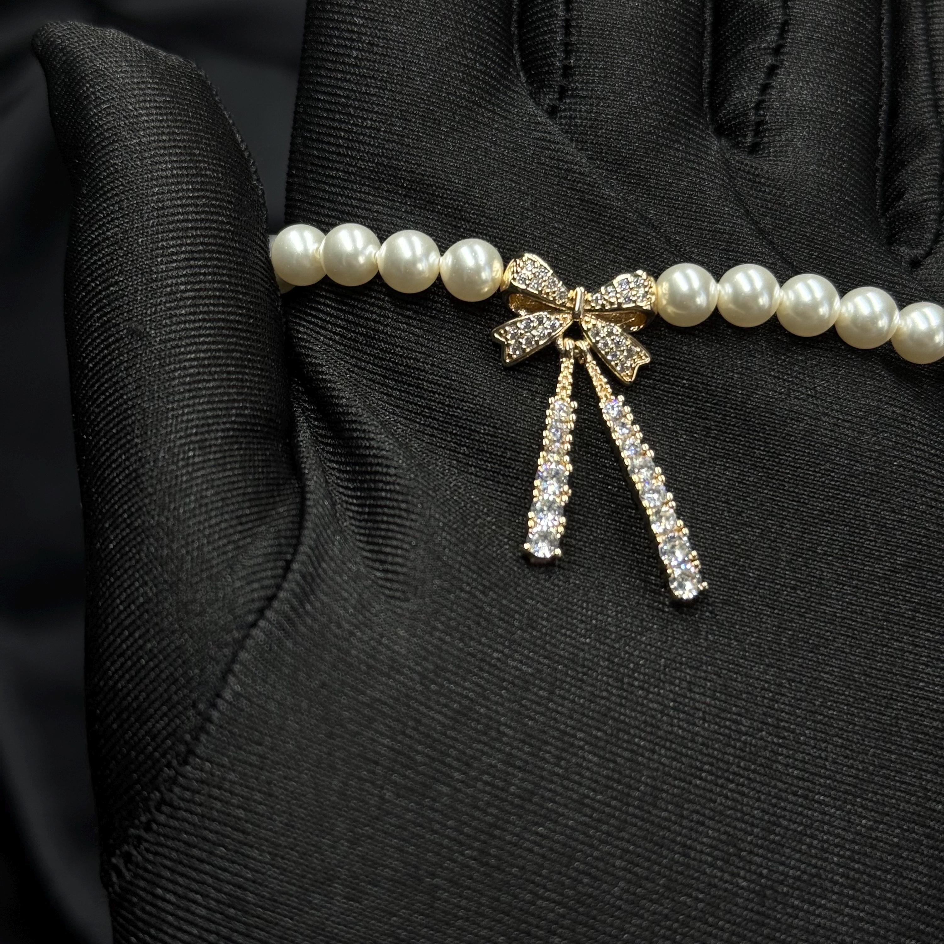Dainty Bow Necklace Pearl Crystal Design Elegant Choker Style Adjustable Length Chain Gold Silver Options Premium Quality Materials Sophisticated Neck Piece Formal Event Jewelry Special Occasion Accessory Perfect Gift Idea Women Feminine