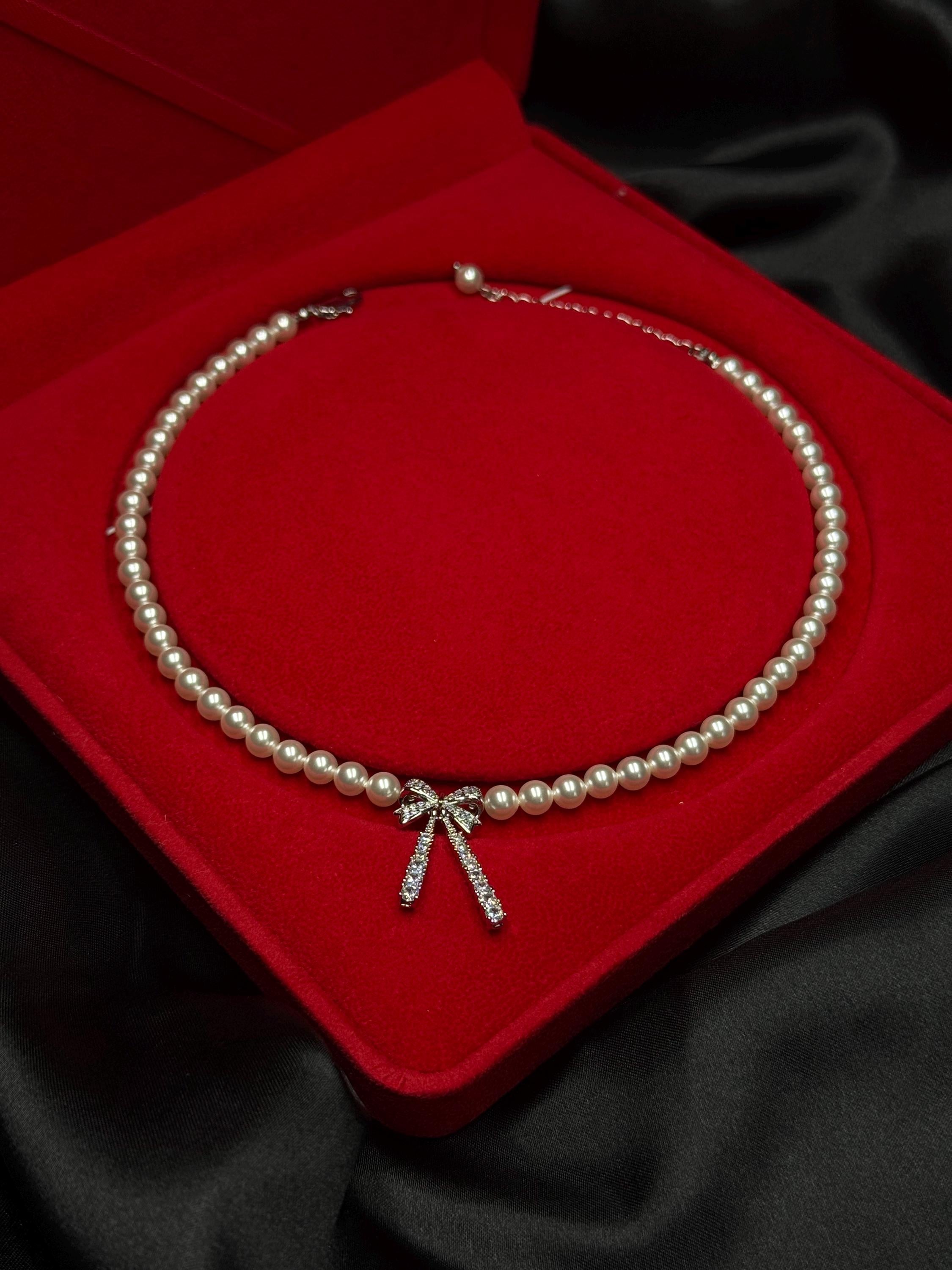 Special Occasion Necklace Pearl Bow Design Elegant Choker Style Rhinestone Charm Detail Crystal Pearl Collection Adjustable Length Feature Formal Wear Accessory Luxury Gift Presentation Red Velvet Box Included Perfect Wife Present Holiday
