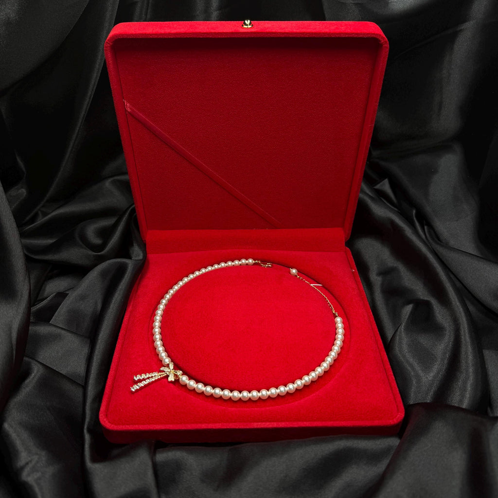 Special Occasion Necklace Pearl Bow Design Elegant Choker Style Rhinestone Charm Detail Crystal Pearl Collection Adjustable Length Feature Formal Wear Accessory Luxury Gift Presentation Red Velvet Box Included Perfect Wife Present Holiday
