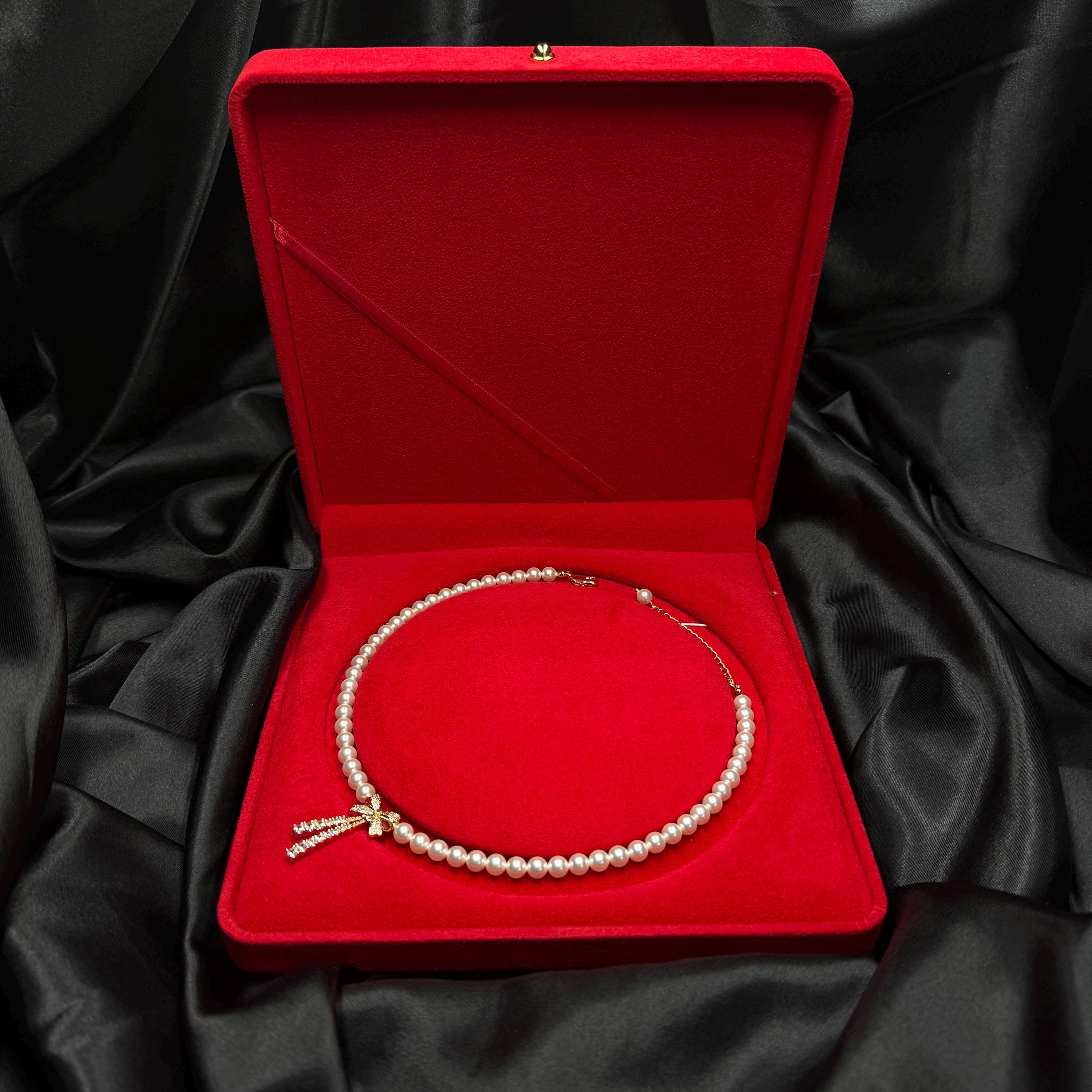 Special Occasion Necklace Pearl Bow Design Elegant Choker Style Rhinestone Charm Detail Crystal Pearl Collection Adjustable Length Feature Formal Wear Accessory Luxury Gift Presentation Red Velvet Box Included Perfect Wife Present Holiday