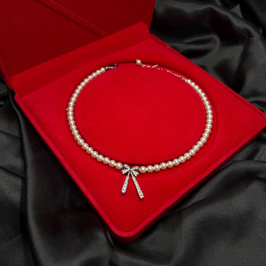 Special Occasion Necklace Pearl Bow Design Elegant Choker Style Rhinestone Charm Detail Crystal Pearl Collection Adjustable Length Feature Formal Wear Accessory Luxury Gift Presentation Red Velvet Box Included Perfect Wife Present Holiday