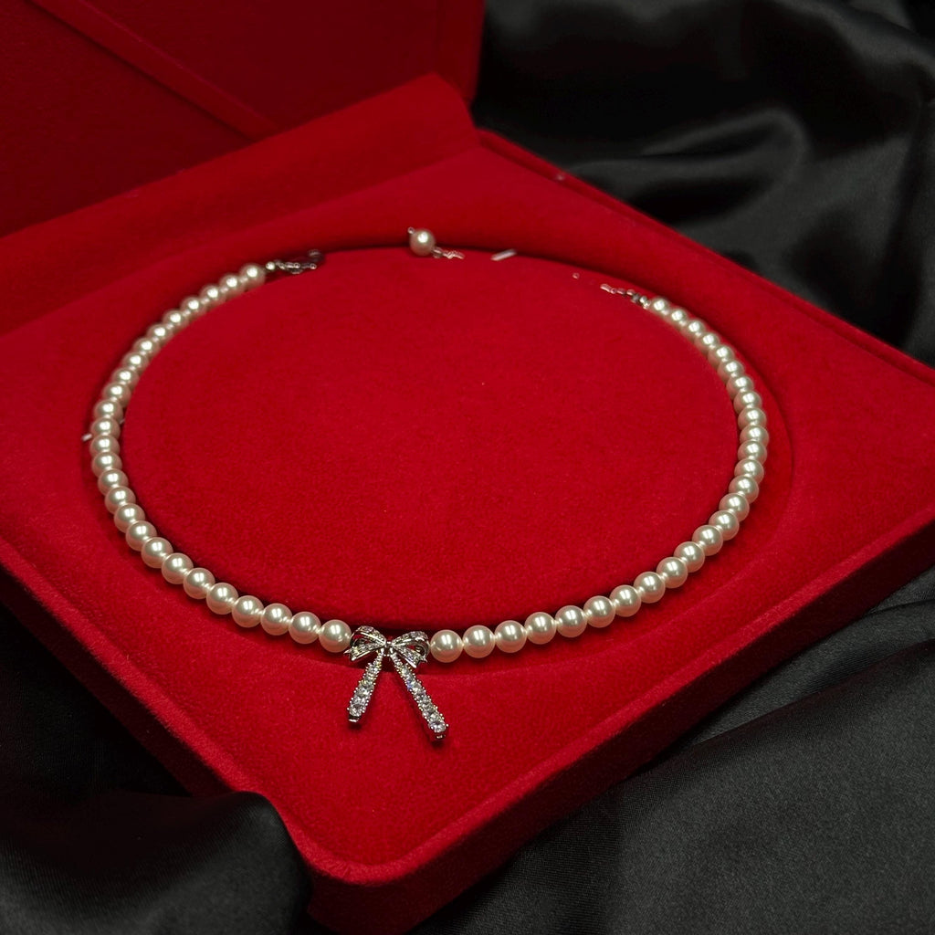 Crystal Pearl Choker Rhinestone Bow Detail Luxury Jewelry Collection Adjustable Length Design Gold Silver Plated Options Elegant Necklace Style Formal Wear Accessory Gift Box Included Special Occasion Present Perfect Wife Gift Valentine Day