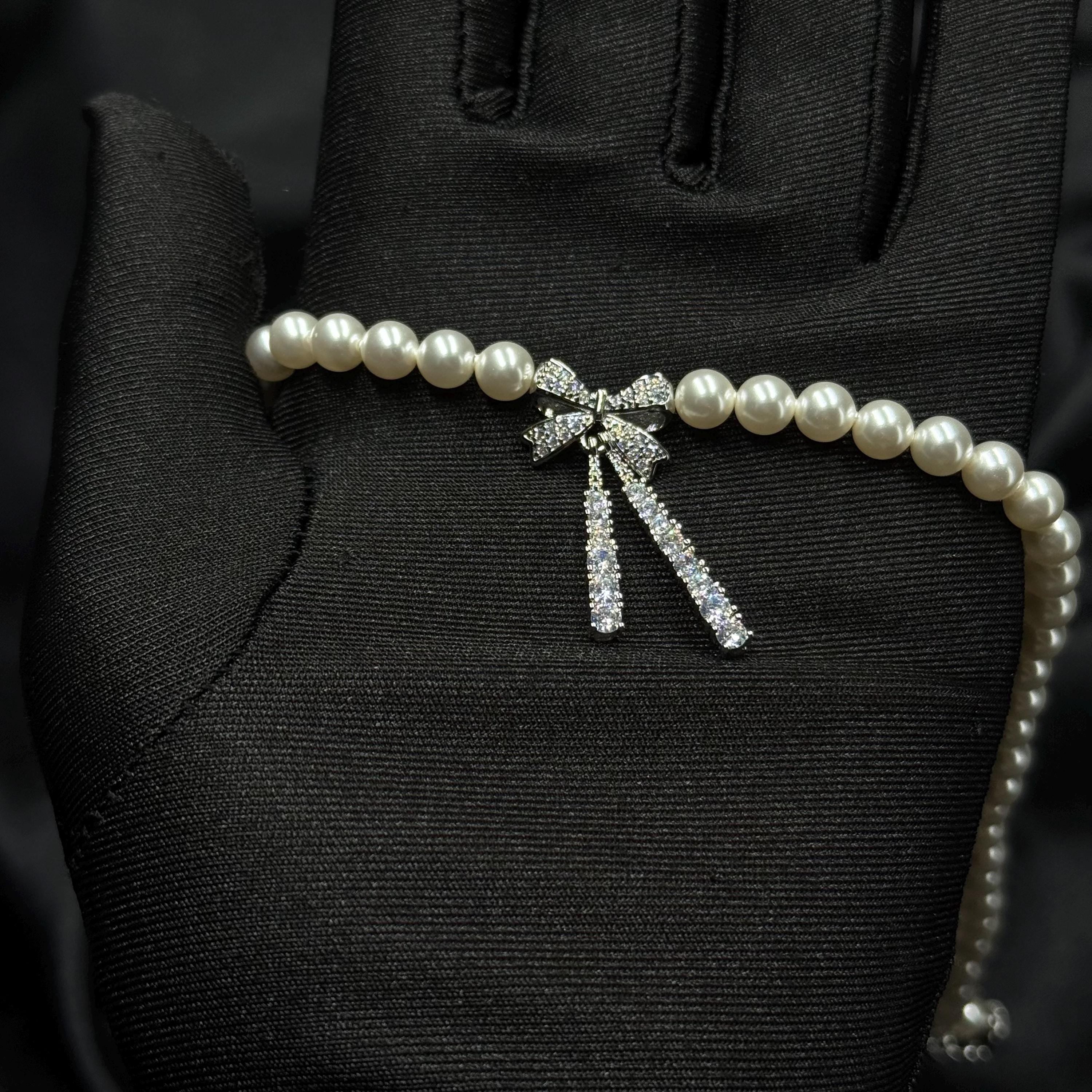 Dainty Bow Necklace Pearl Crystal Design Elegant Choker Style Adjustable Length Chain Gold Silver Options Premium Quality Materials Sophisticated Neck Piece Formal Event Jewelry Special Occasion Accessory Perfect Gift Idea Women Feminine