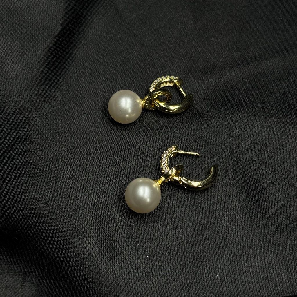 Gold Plated Hoops Crystal Pearl Pendants Dainty Earring Design Elegant Jewelry Piece Premium Quality Construction Zircon Embellished Details Ten Millimeter Pearl Drop Twelve Millimeter Hoops Perfect Size Balance Comfortable Lightweight Wear