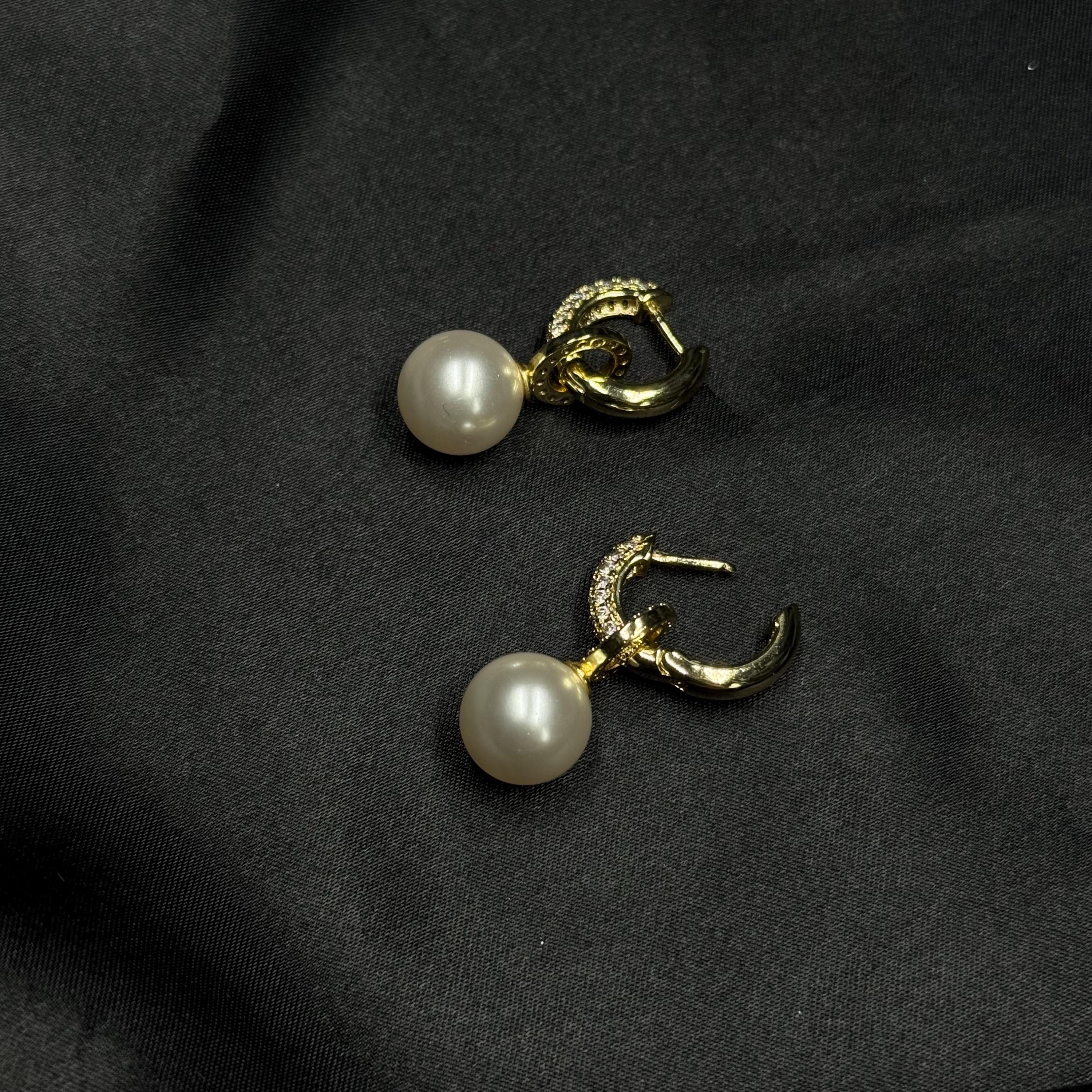 Gold Plated Hoops Crystal Pearl Pendants Dainty Earring Design Elegant Jewelry Piece Premium Quality Construction Zircon Embellished Details Ten Millimeter Pearl Drop Twelve Millimeter Hoops Perfect Size Balance Comfortable Lightweight Wear
