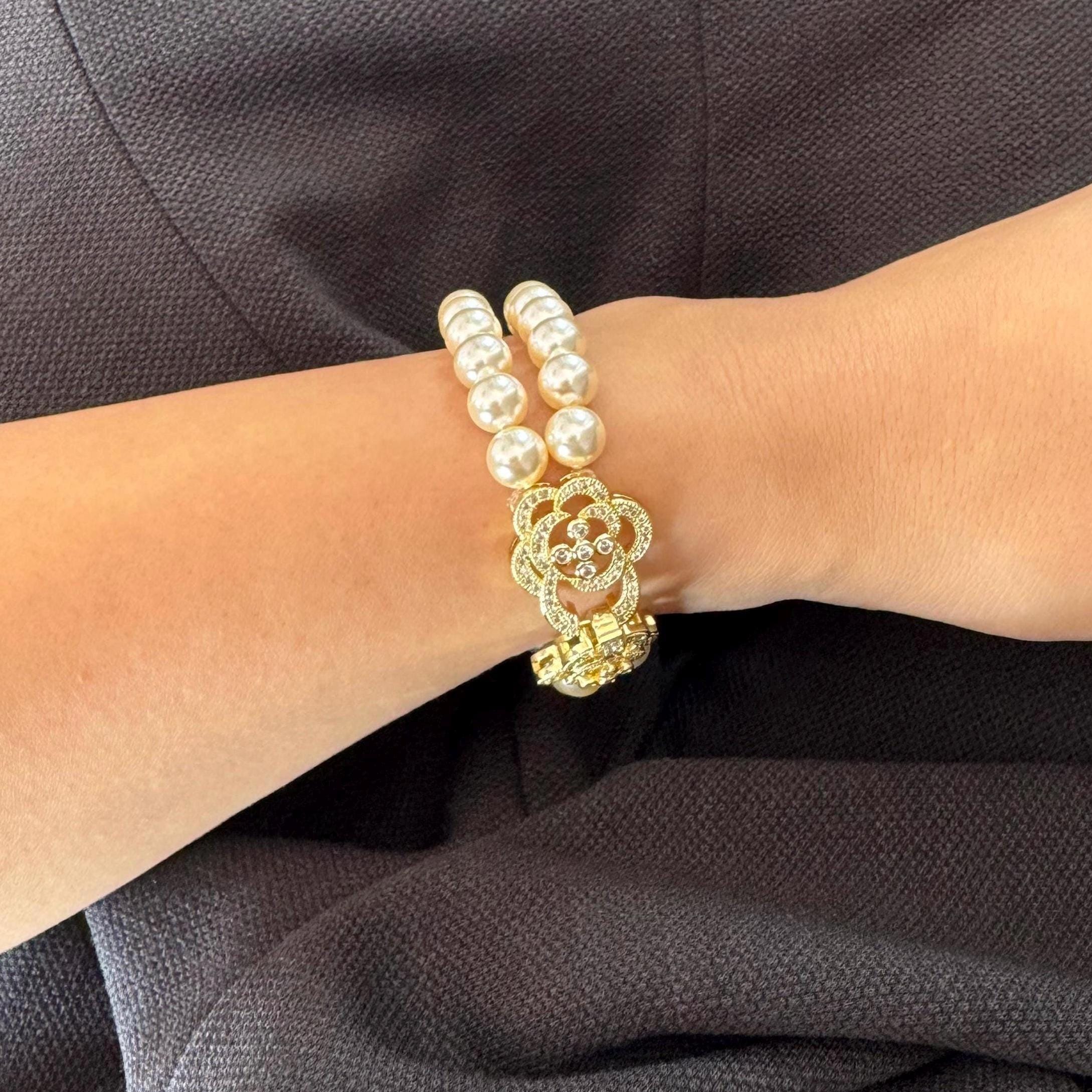 Layered Pearl Bracelet Vintage Style Design Crystal Beads Collection Ivory Color Elegance Double Strand Jewelry Gold Plated Clasp Premium Quality Construction Wedding Accessory Formal Event Jewelry Classic Timeless Look Multiple Size