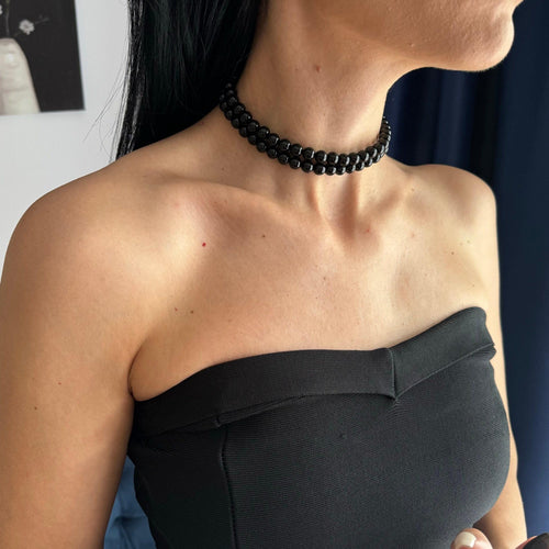 Black Pearl Choker Necklace Layered Design Wedding Accessory Bridal Party Jewelry Bridesmaid Gift Idea Elegant Two Strand Pearls Classic Style Statement Formal Event Piece Evening Wear Collection Special Occasion Necklace Rhinestone Clasp
