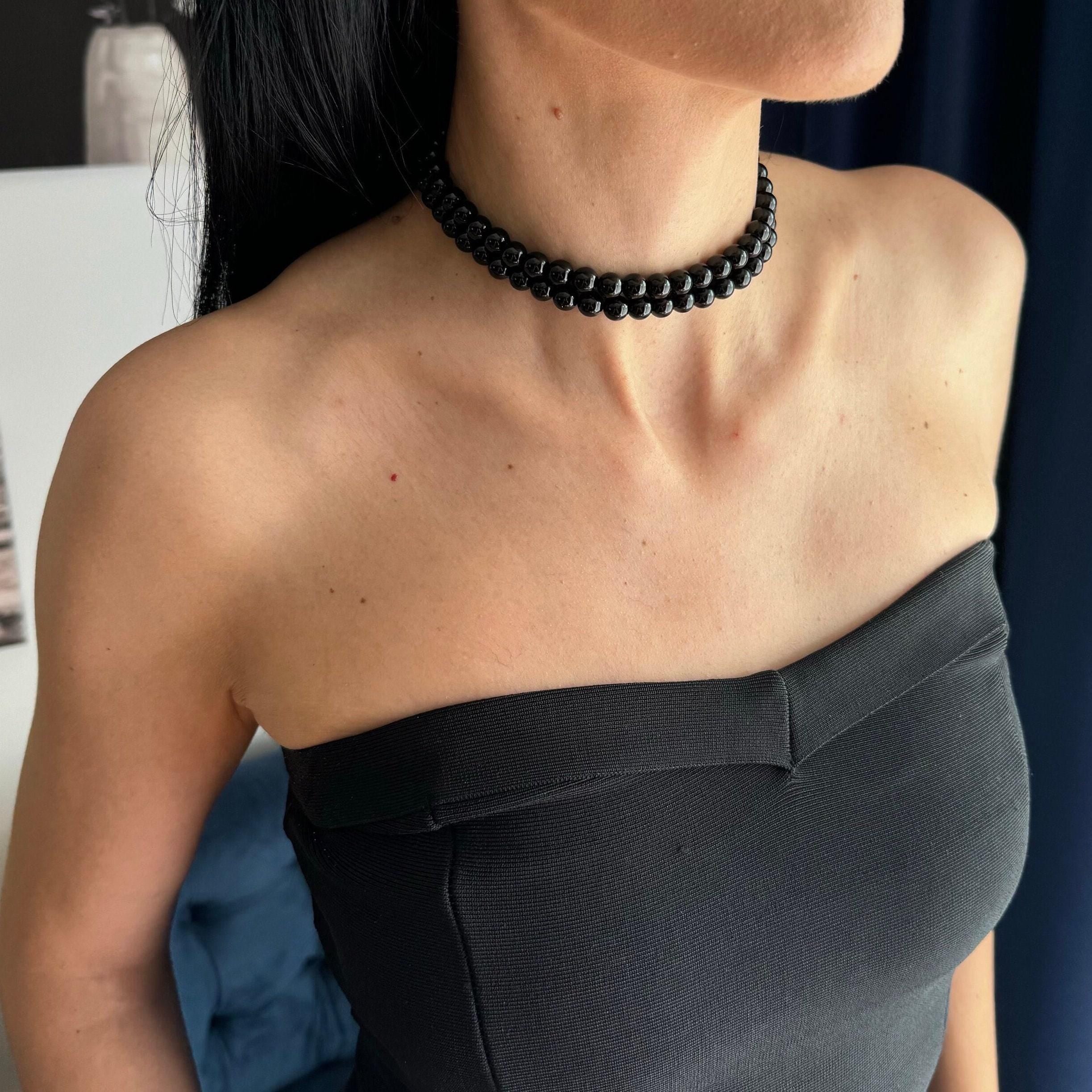 Elegant Black Pearls Two Strand Necklace Layered Choker Design Evening Wear Accessory Special Occasion Jewelry Formal Event Piece Sophisticated Style Statement Classic Pearl Collection Wedding Guest Accessory Versatile Fashion Item Timeless