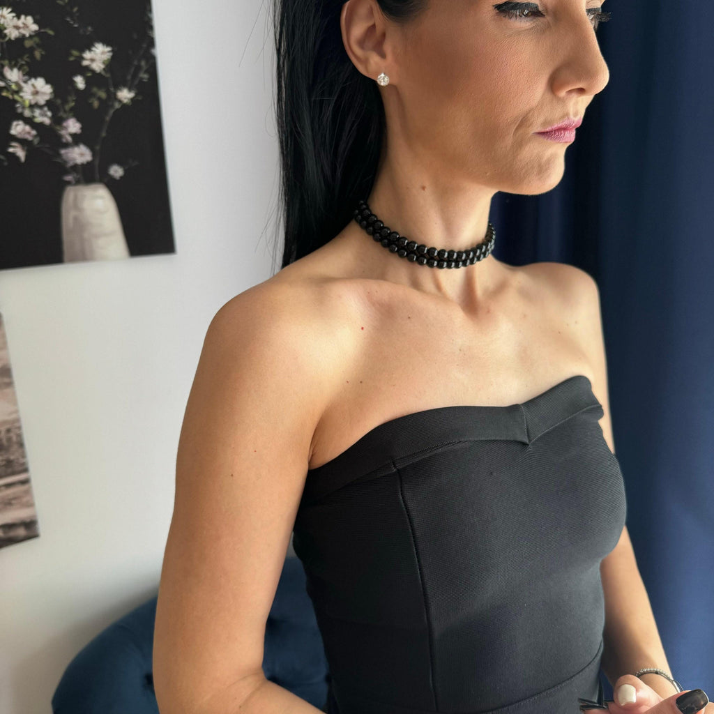 Layered Pearl Necklace Black Choker Design Mothers Day Gift Idea Special Occasion Jewelry Evening Elegance Collection Two Strand Style Sophisticated Fashion Statement Classic Accessory Option Versatile Wardrobe Addition Formal Event Piece