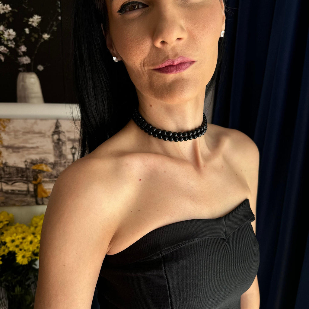 Two Strand Pearls Black Choker Necklace Rhinestone Clasp Detail Wedding Jewelry Collection Bridesmaid Accessory Gift Elegant Design Style Evening Formal Wear Perfect Occasion Piece Classic Pearl Arrangement Sophisticated Neck Adornment