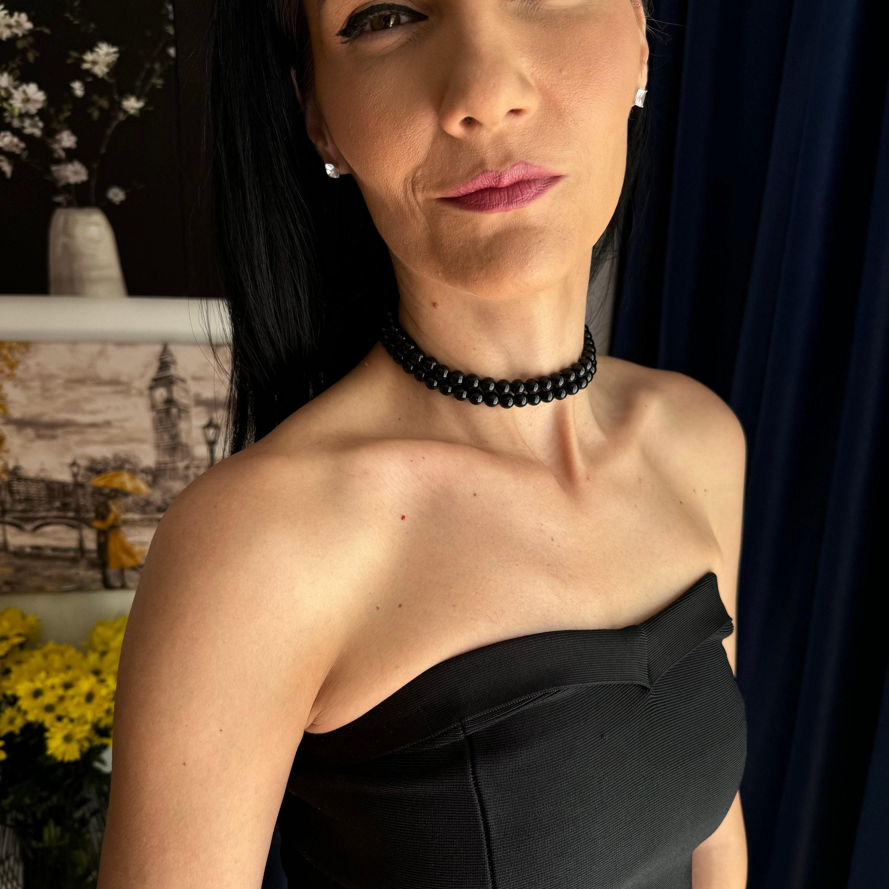 Two Strand Pearls Black Choker Necklace Rhinestone Clasp Detail Wedding Jewelry Collection Bridesmaid Accessory Gift Elegant Design Style Evening Formal Wear Perfect Occasion Piece Classic Pearl Arrangement Sophisticated Neck Adornment