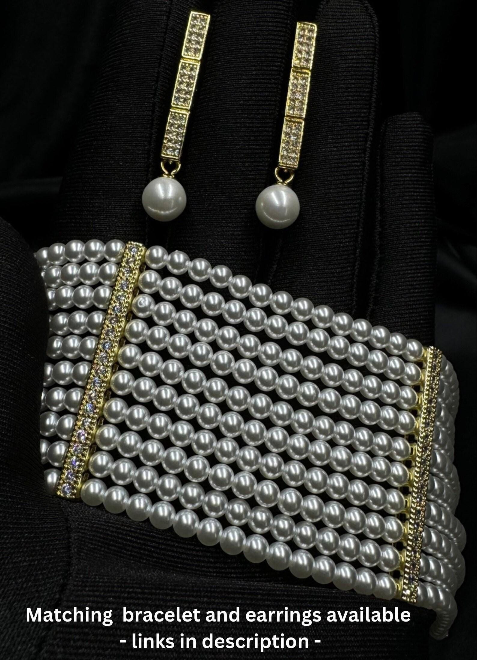 Statement Wedding Necklace Multi Strand Pearl Choker Bridal Jewelry Collection Elegant Design White Shell Pearls Diamante Spacers Luxury Formal Wear Accessory Special Occasion Piece Wedding Day Essential Beautiful Handcrafted Details