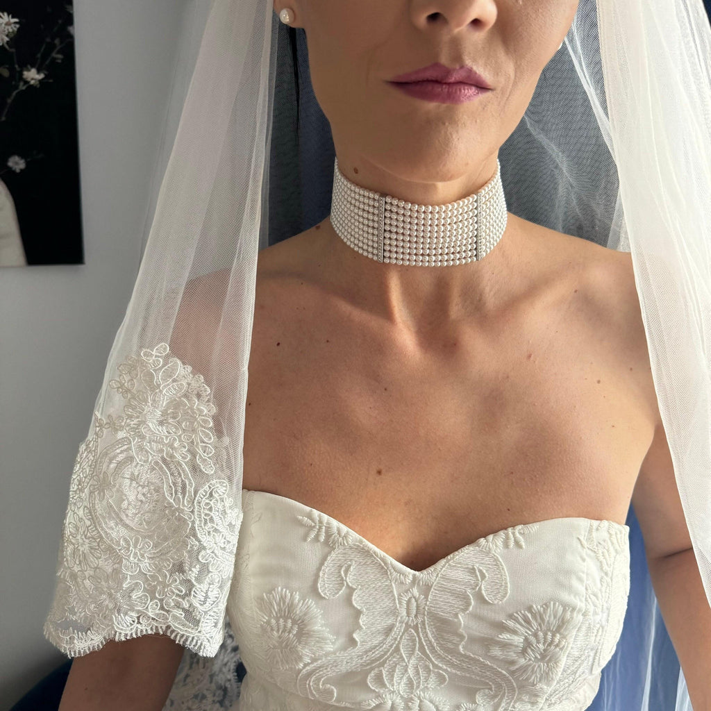 White Pearl Necklace Elegant Bridal Choker Ten Layer Design Statement Wedding Jewelry Premium Shell Pearls Diamante Accents Adjustable Extension Chain Formal Event Accessory Beautiful Handcrafted Piece Special Occasion Collection Wedding