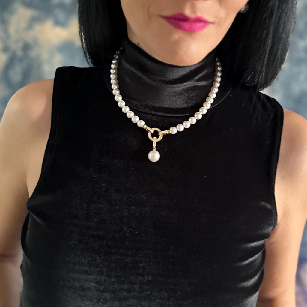 Crystal Pearl Necklace Drop Pendant Design Elegant Jewelry Collection Wedding Accessory Formal Wear Option Everyday Style Piece Gold Chain Option Decorative Clasp Detail Premium Quality Construction Perfect Gift Idea Anniversary Present