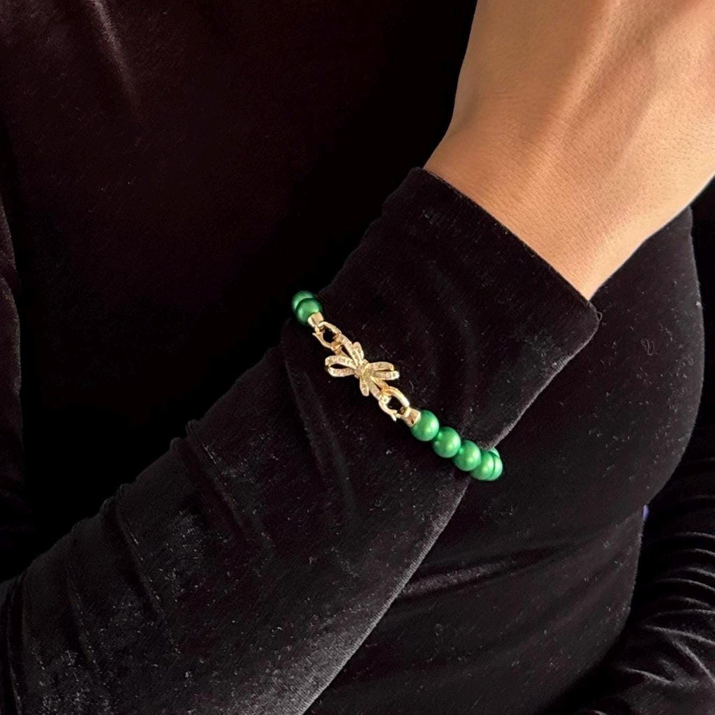 Green Pearl Bracelet Handmade Jewelry Gift Idea Christmas Present Secret Santa Exchange Festive Holiday Accessory Crystal Stretch Design Adjustable Wrist Size Elegant Beaded Collection Premium Quality Construction Perfect Seasonal Gift