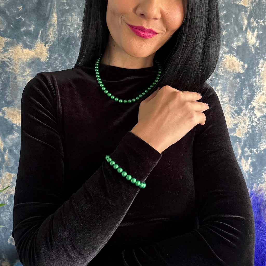 Green Pearl Bracelet, Handmade Beaded Stretch Jewelry