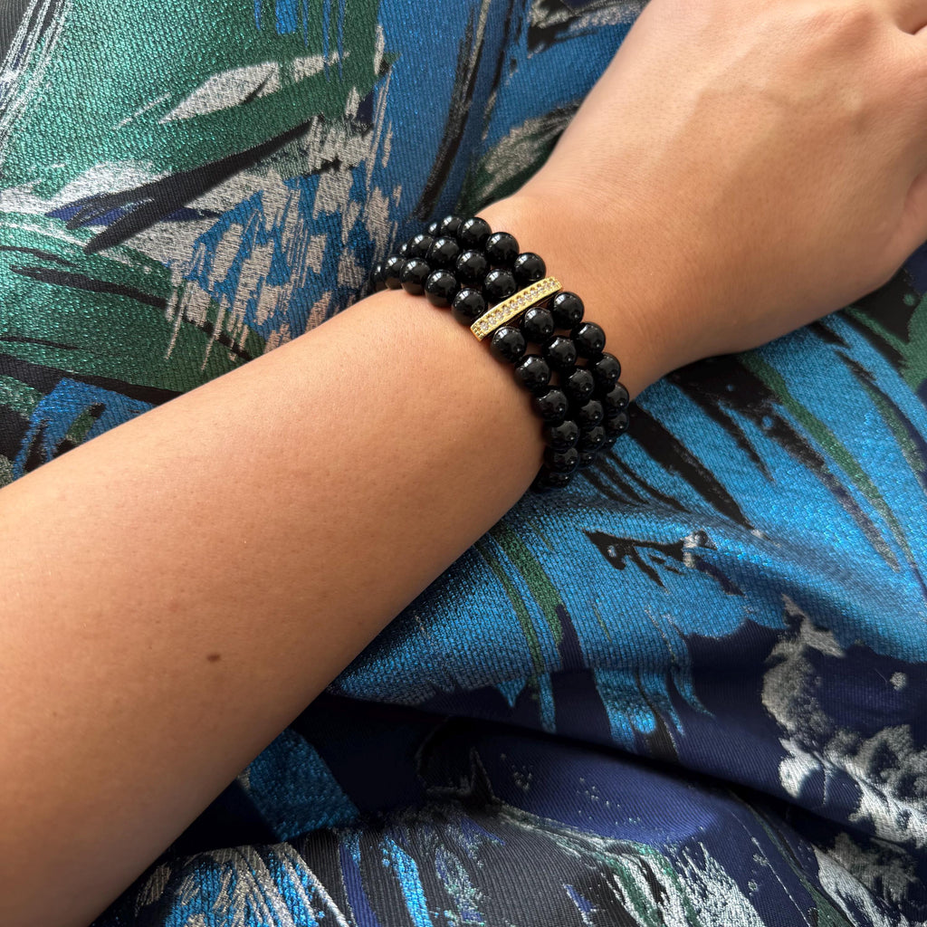 Elegant Triple Layer Bracelet Black Crystal Pearls Wedding Jewelry Statement Piece Formal Event Accessory Vintage Style Design Classic Look Timeless Beauty Bridal Collection Perfect Gift Idea Multiple Length Options Gold Plated Hardware