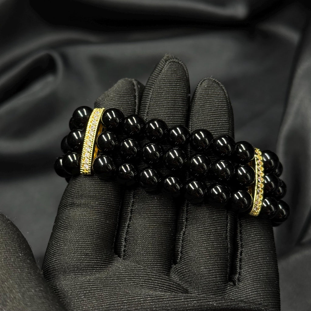 Vintage Style Bracelet Black Crystal Pearls Triple Layer Design Elegant Statement Piece Wedding Accessory Formal Occasion Jewelry Timeless Collection Classic Look Bridal Essential Evening Event Perfect Multiple Size Options Gold Plated