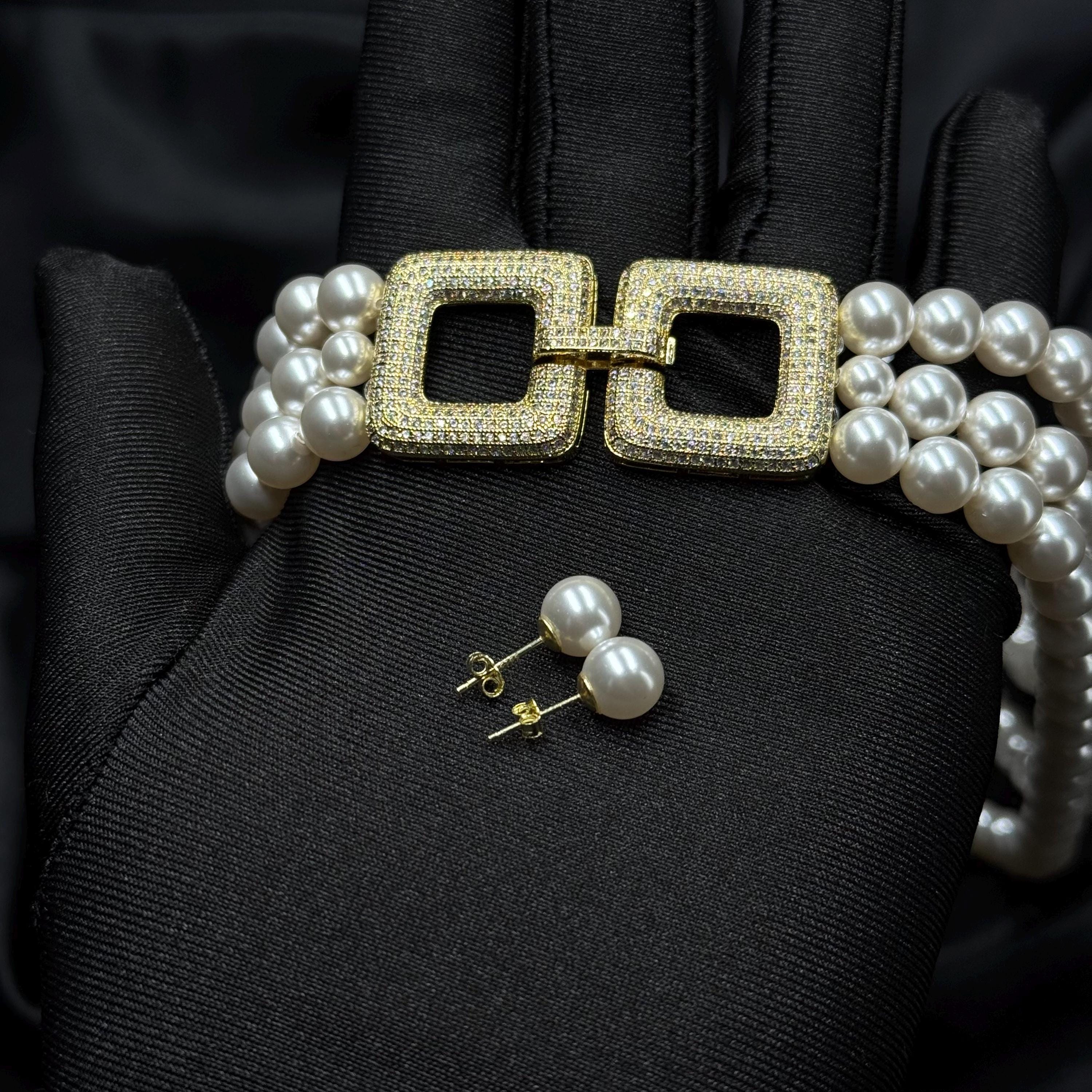 Layered Pearl Necklace Earring Set Classic Cascade Vintage Style Jewelry Accessory Elegant Event Formal Wear Gold Multi Layer 1920 Party