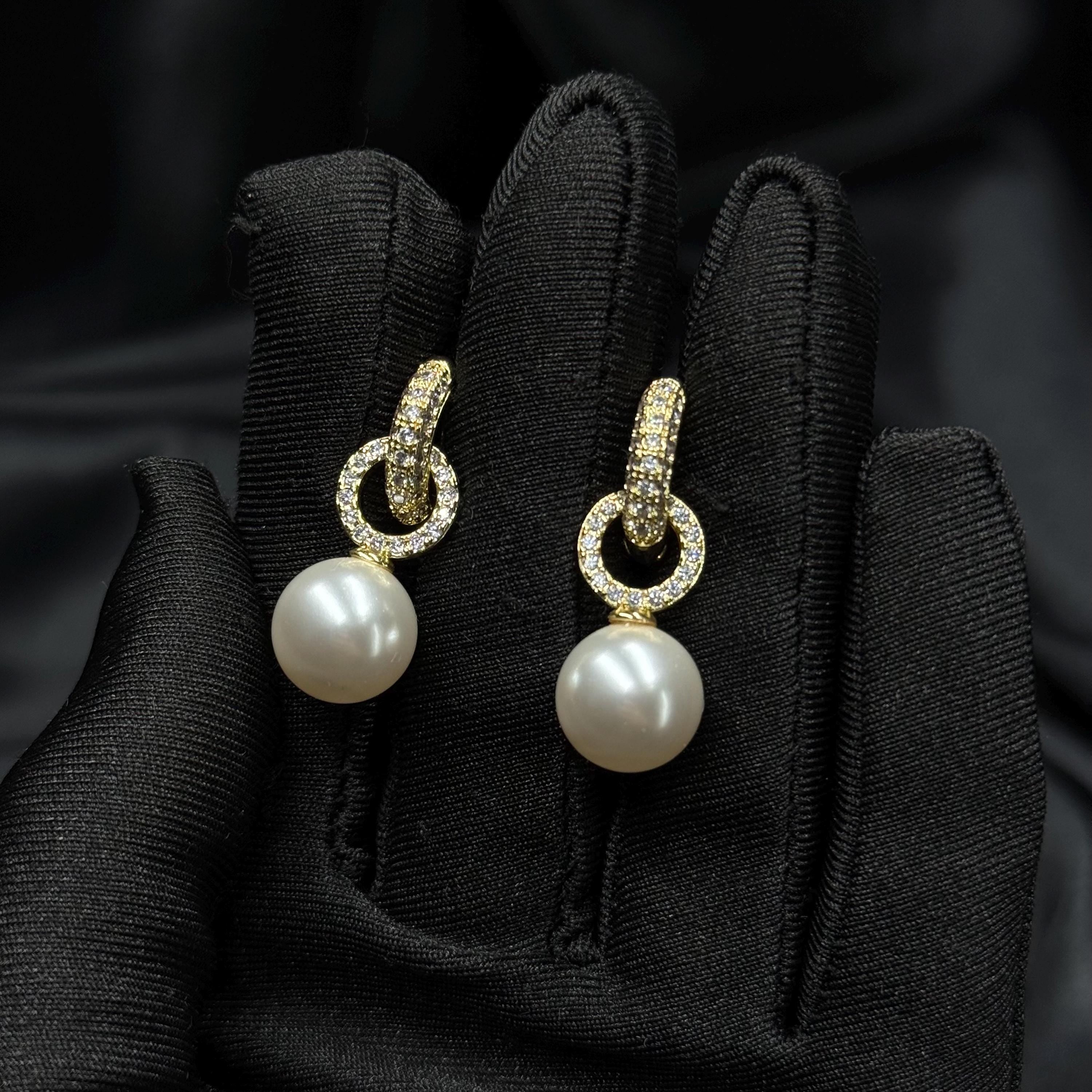 Pearl Hoops Drop Earring Fashion Trend Shiny Party Wear Jewelry Gift Idea Bridal Charm Pearl Hoop Dangle Gold