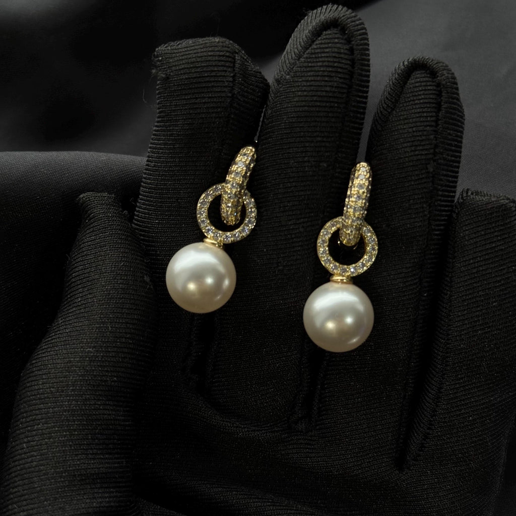 Gold Plated Hoops Crystal Pearl Pendants Dainty Earring Design Elegant Jewelry Piece Premium Quality Construction Zircon Embellished Details Ten Millimeter Pearl Drop Twelve Millimeter Hoops Perfect Size Balance Comfortable Lightweight Wear