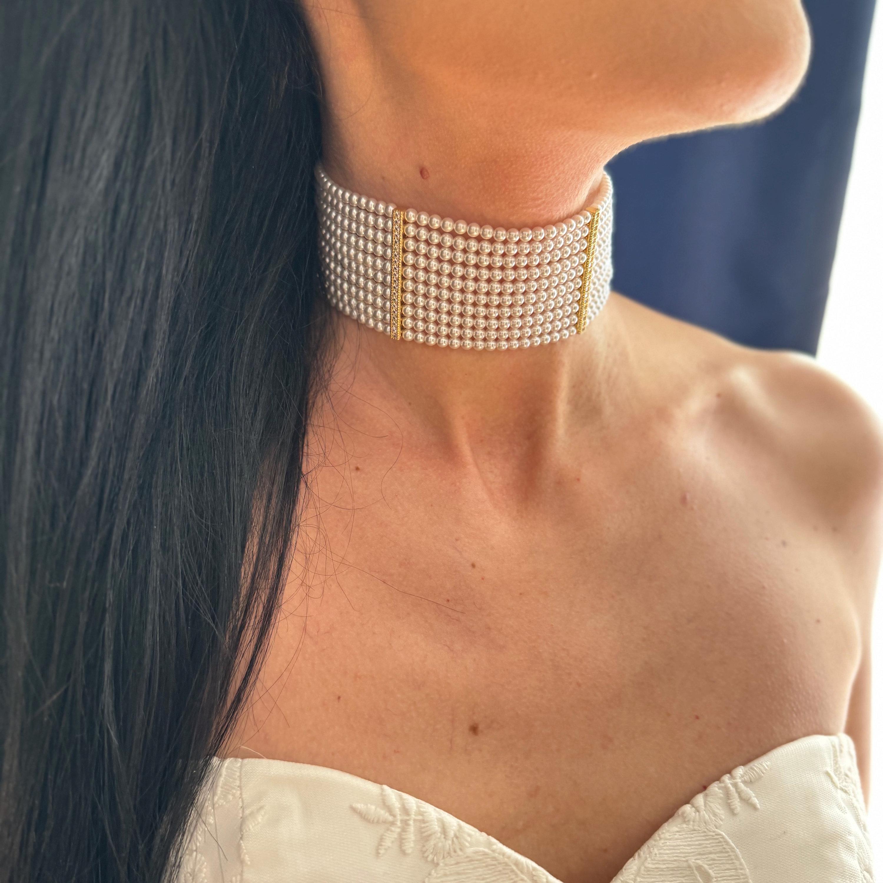 Multi Strand Choker Elegant Pearl Necklace Bridal Wedding Accessory White Shell Pearls Diamante Spacers Adjustable Extension Chain Statement Jewelry Piece Formal Event Collection Special Occasion Gift Beautiful Handcrafted Design Wedding