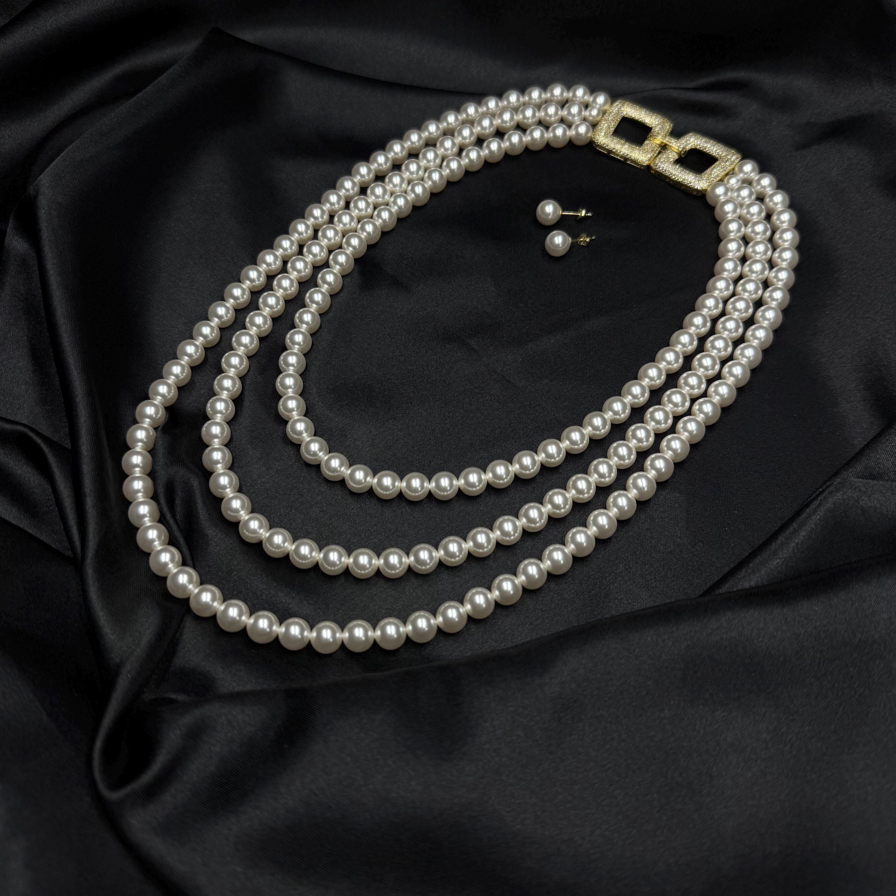 Layered Pearl Necklace Earring Set Classic Cascade Vintage Style Jewelry Accessory Elegant Event Formal Wear Gold Multi Layer 1920 Party