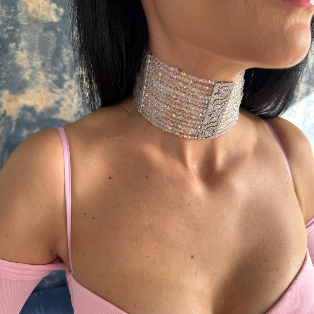 Wide Crystal Choker Statement Necklace Silver Jewelry Iridescent Beaded Faceted Glass Sparkling Handmade Jewellery Gift Wedding Accessory Bridal Collection Elegant Evening Wear Formal Occasion Perfect Bride Accessory Customizable Length