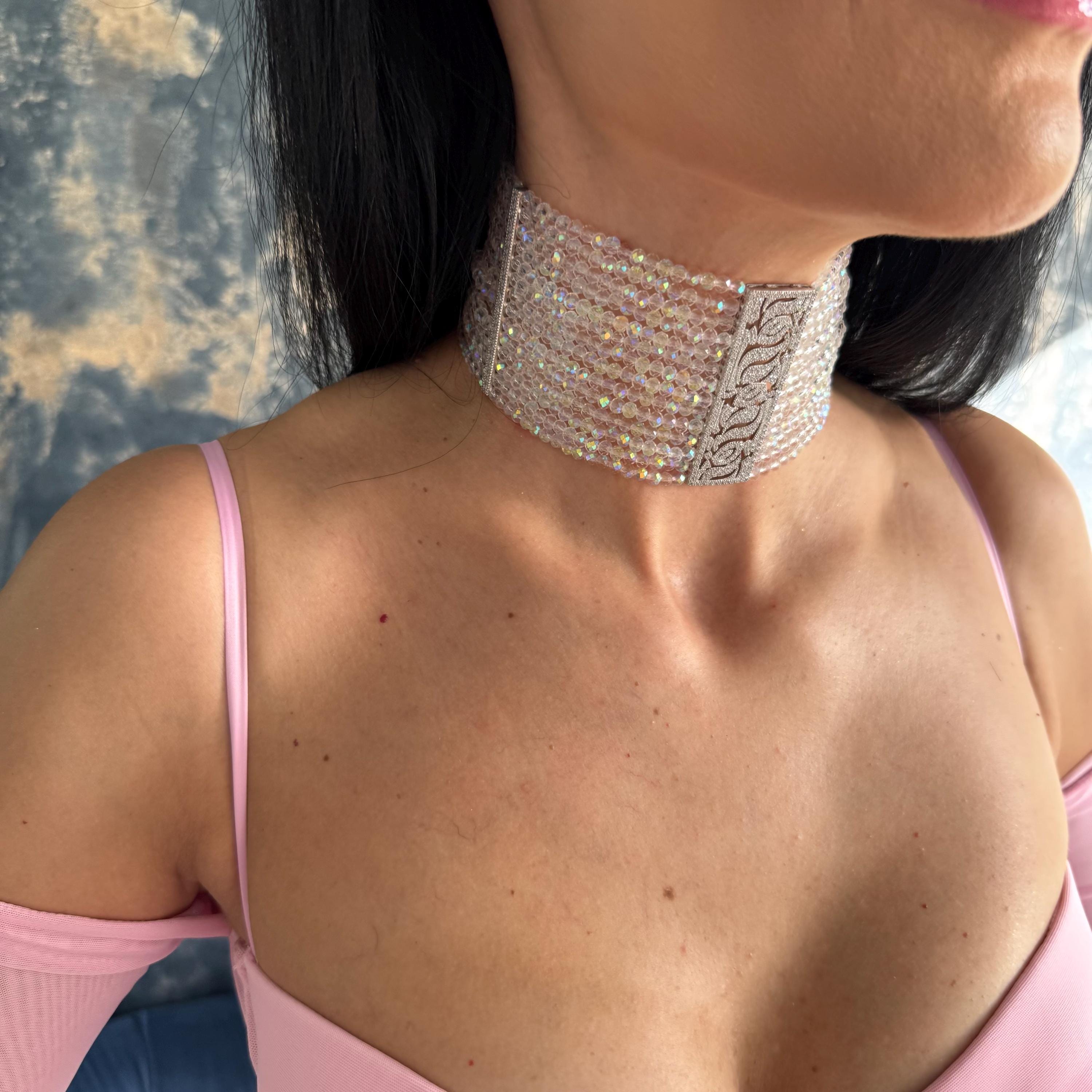 Wide Crystal Choker Statement Necklace Silver Jewelry Iridescent Beaded Faceted Glass Sparkling Handmade Jewellery Gift Wedding Accessory Bridal Collection Elegant Evening Wear Formal Occasion Perfect Bride Accessory Customizable Length