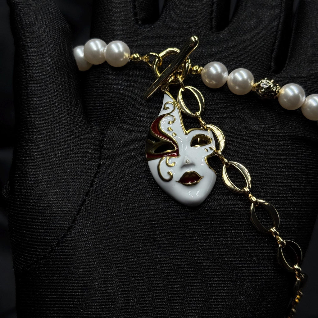 Statement Jewelry Collection Venetian Mask Design Pearl Necklace Set Crystal Pendant Earrings Gold Plated Finish Luxury Choker Accessory Masquerade Ball Essential Formal Event Piece Dramatic Styling Elegant Gift Option Special Occasion Wear