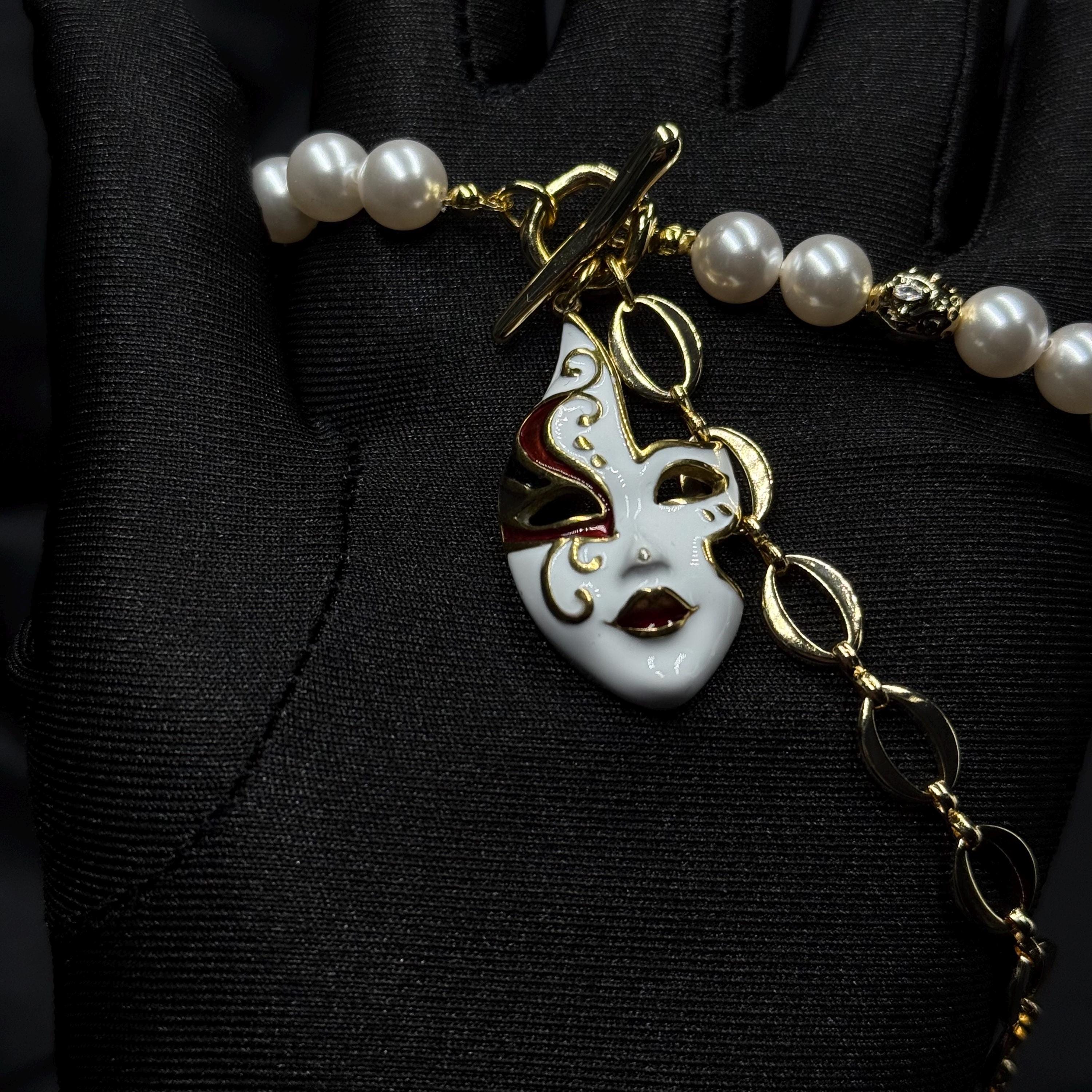 Statement Jewelry Collection Venetian Mask Design Pearl Necklace Set Crystal Pendant Earrings Gold Plated Finish Luxury Choker Accessory Masquerade Ball Essential Formal Event Piece Dramatic Styling Elegant Gift Option Special Occasion Wear