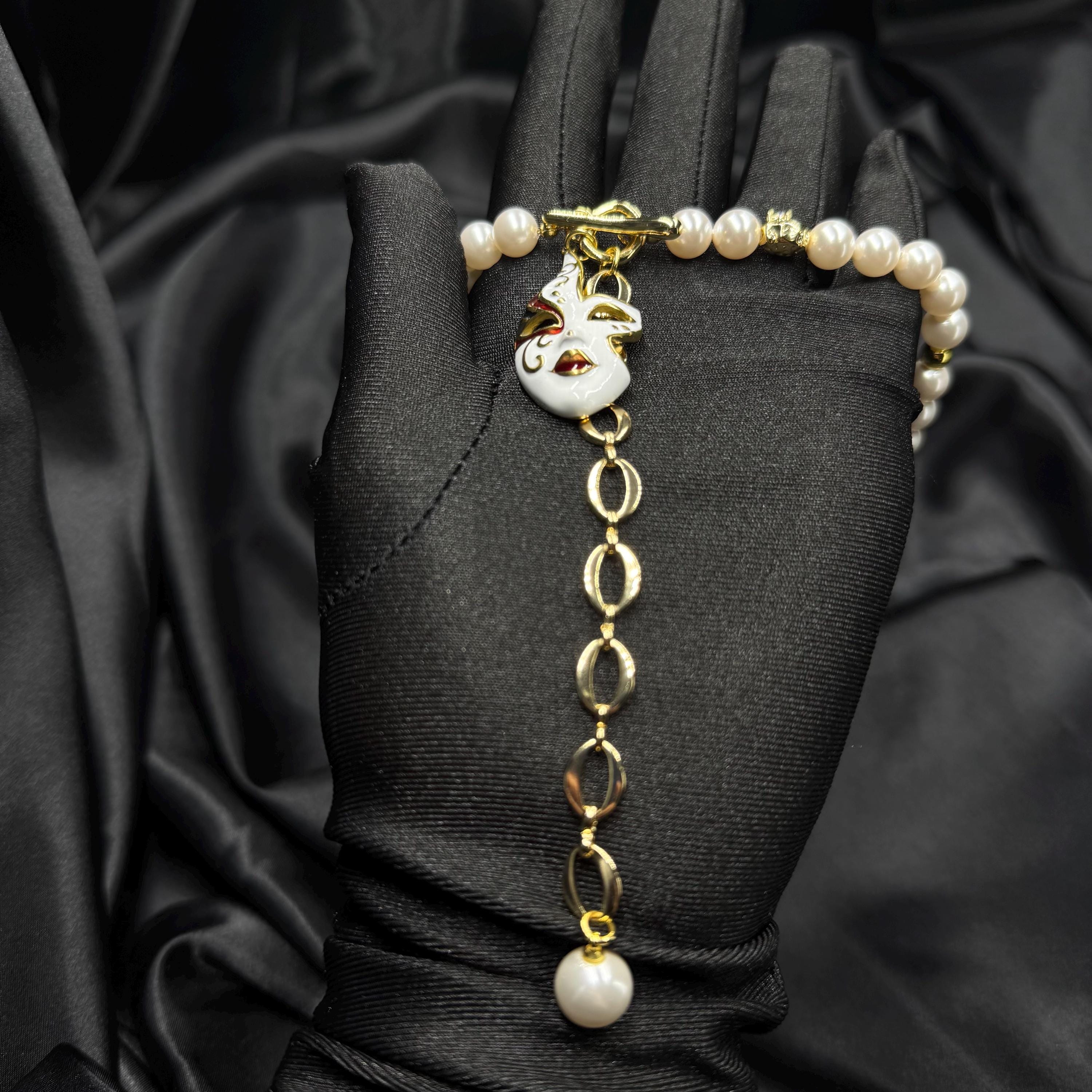 Masquerade Inspired Jewelry Venetian Mask Necklace Pearl Drop Design Gold Y Chain Crystal Accents Statement Piece Elegant Costume Accessory Perfect Gift Idea Special Event Jewelry Night Out Essential Formal Wear Accessory Dramatic Look