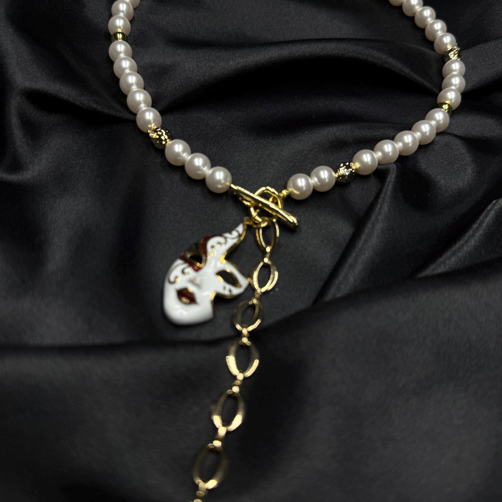 Masquerade Inspired Jewelry Venetian Mask Necklace Pearl Drop Design Gold Y Chain Crystal Accents Statement Piece Elegant Costume Accessory Perfect Gift Idea Special Event Jewelry Night Out Essential Formal Wear Accessory Dramatic Look