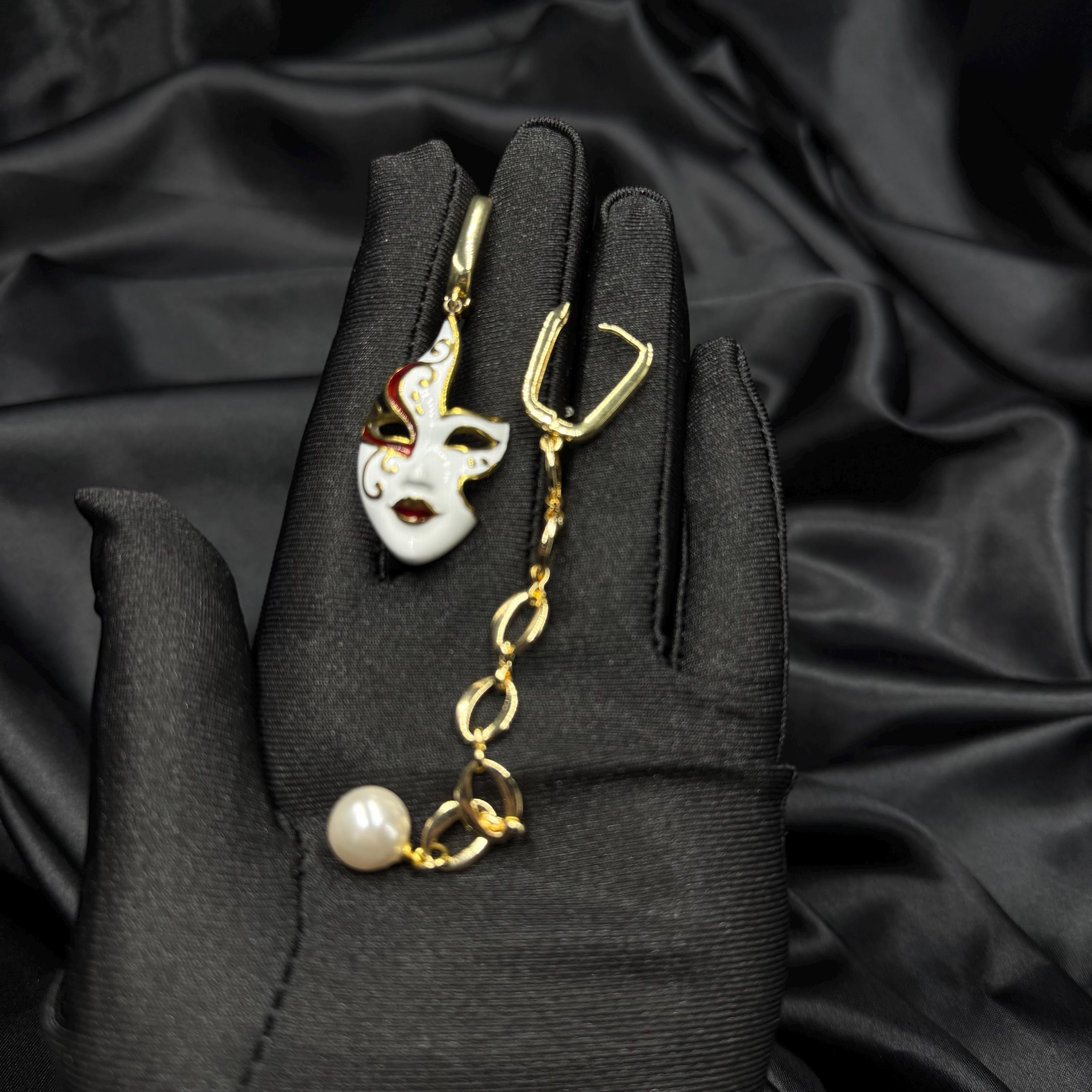 Luxury Pearl Earrings Gold Hoop Design Venetian Mask Charm Asymmetrical Style Statement Jewelry Handmade Creation Unique Gift Idea Mismatched Earring Pair Crystal Detail White Gold Accents Carnival Accessory Evening Wear Formal Events