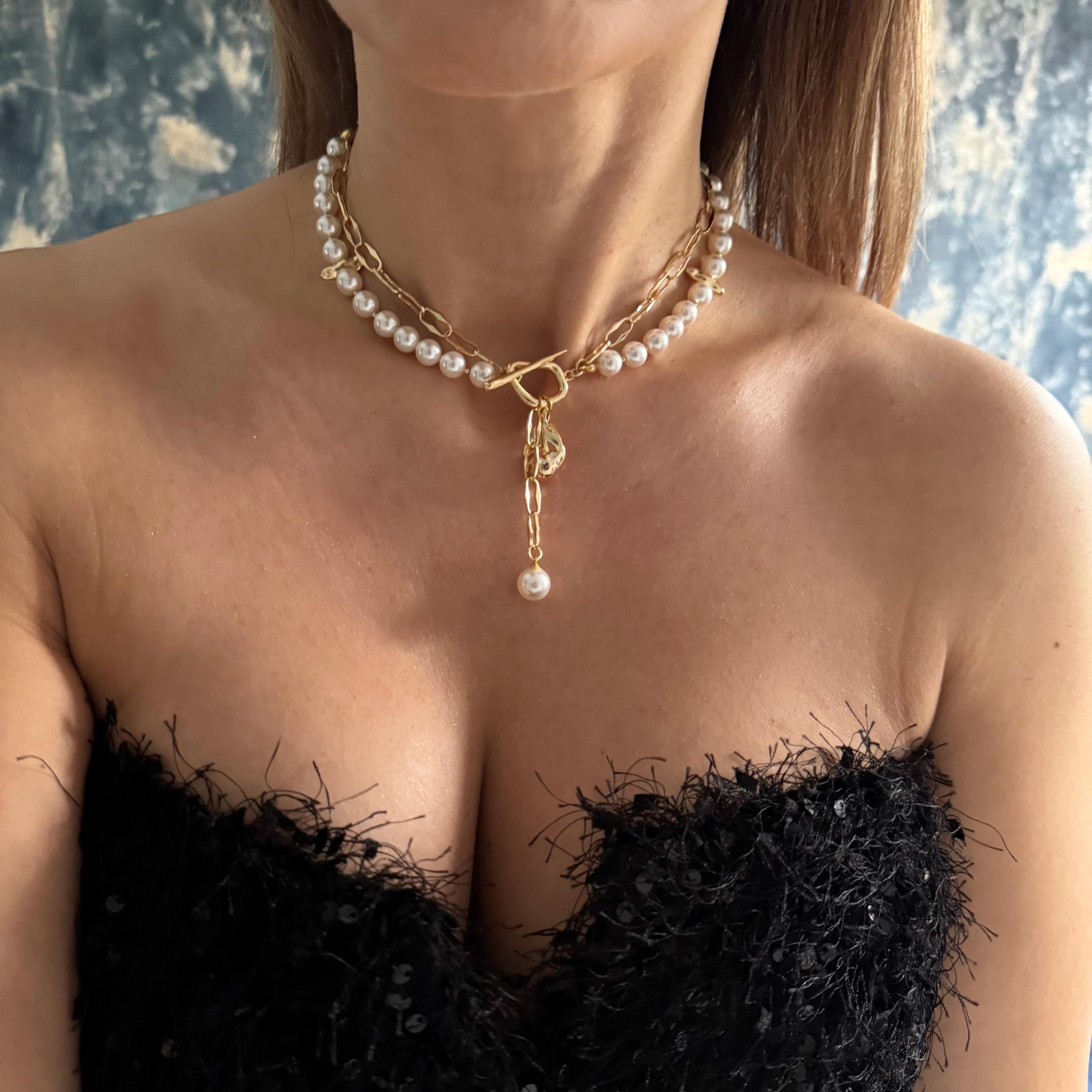 Elegant Jewelry Design Pearl Crystal Necklace Gold Plated Chain Toggle Clasp Feature Dainty Teardrop Pendant Wedding Collection Piece Bridal Accessory Essential Classic Style Element Minimalist Fashion Statement Premium Quality Construction