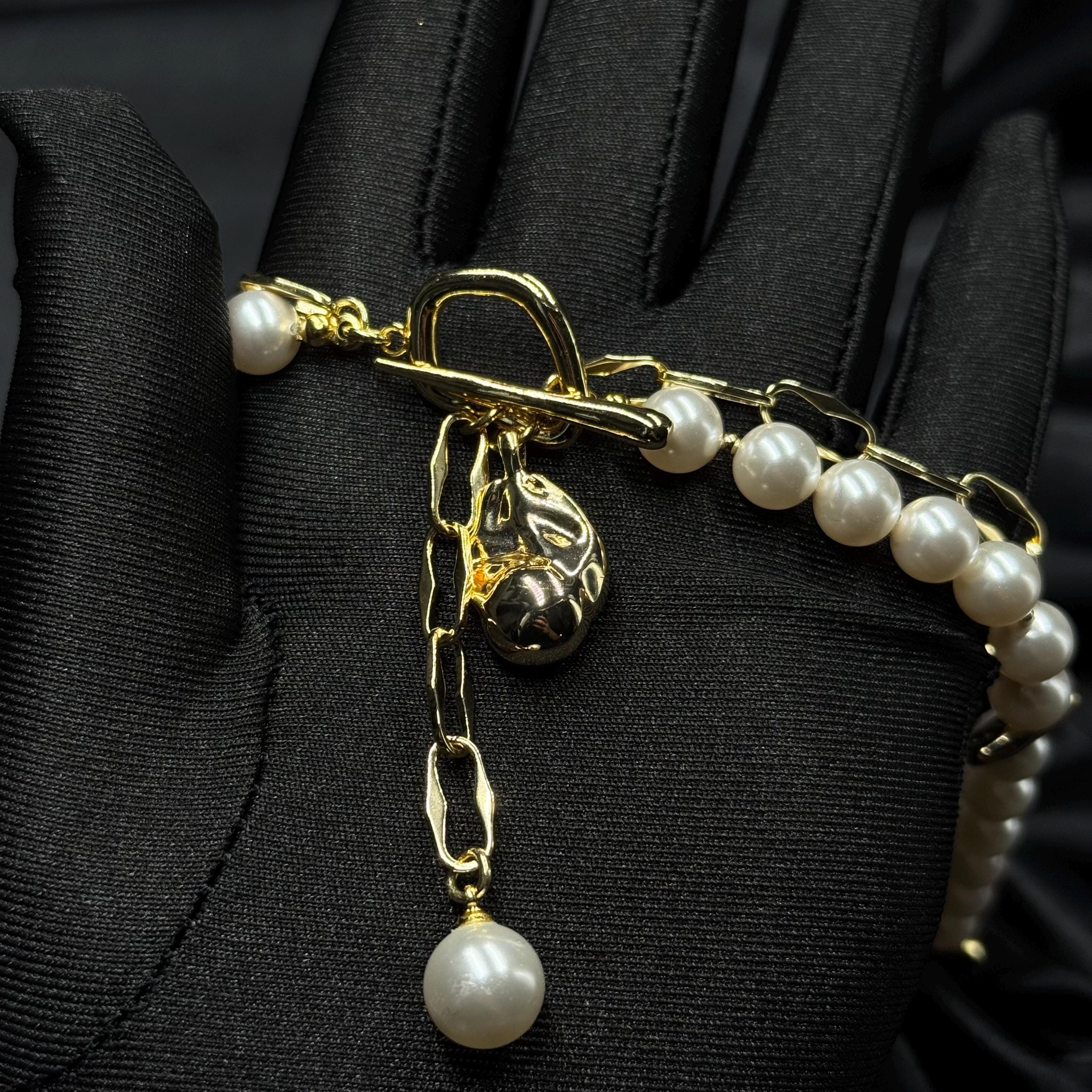 Pearl Lariat Necklace Gold Toggle Pearl Choker Necklace Handmade Pearl Chain Necklace Statement Layering Jewelry