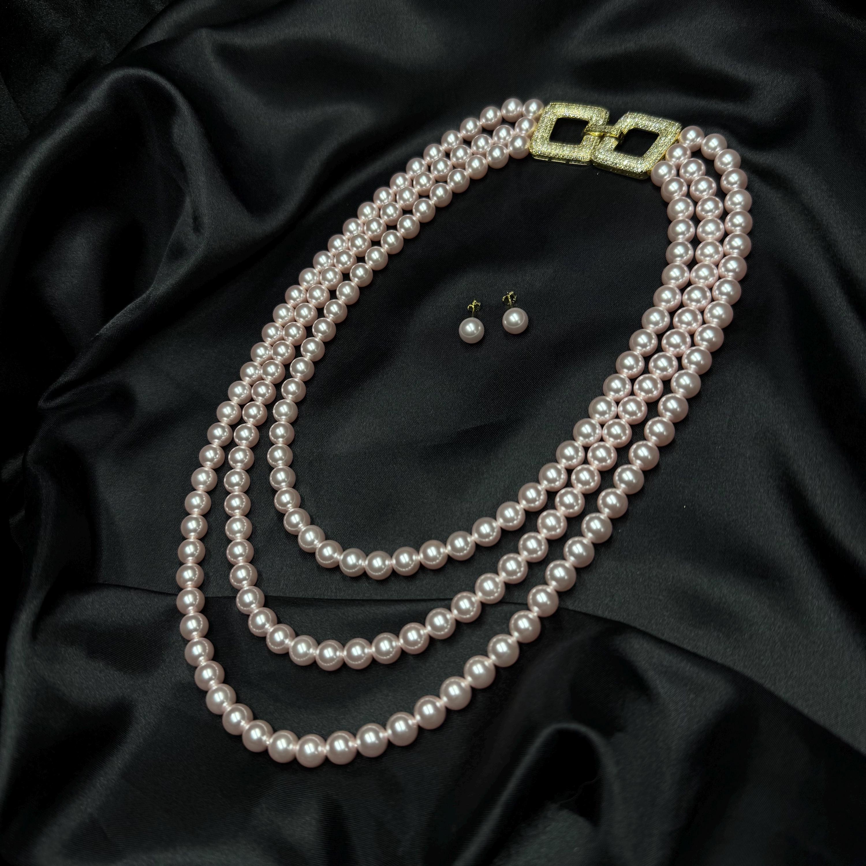 Pink Pearl Cascade Necklace Gift Set for Mom Special Occasion Statement Piece Matching Earring Gift Wrapped Triple Strand Pearl Jewelry Set