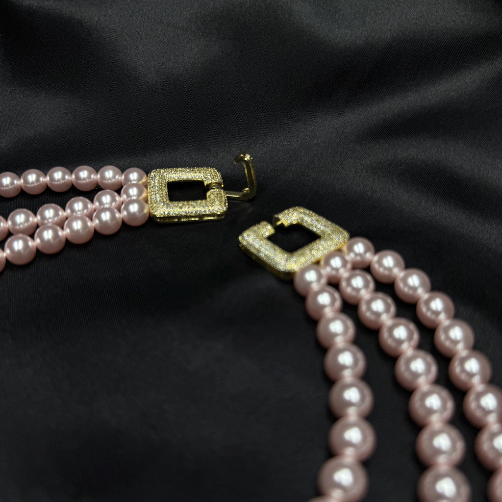 Pink Pearl Cascade Necklace Gift Set for Mom Special Occasion Statement Piece Matching Earring Gift Wrapped Triple Strand Pearl Jewelry Set