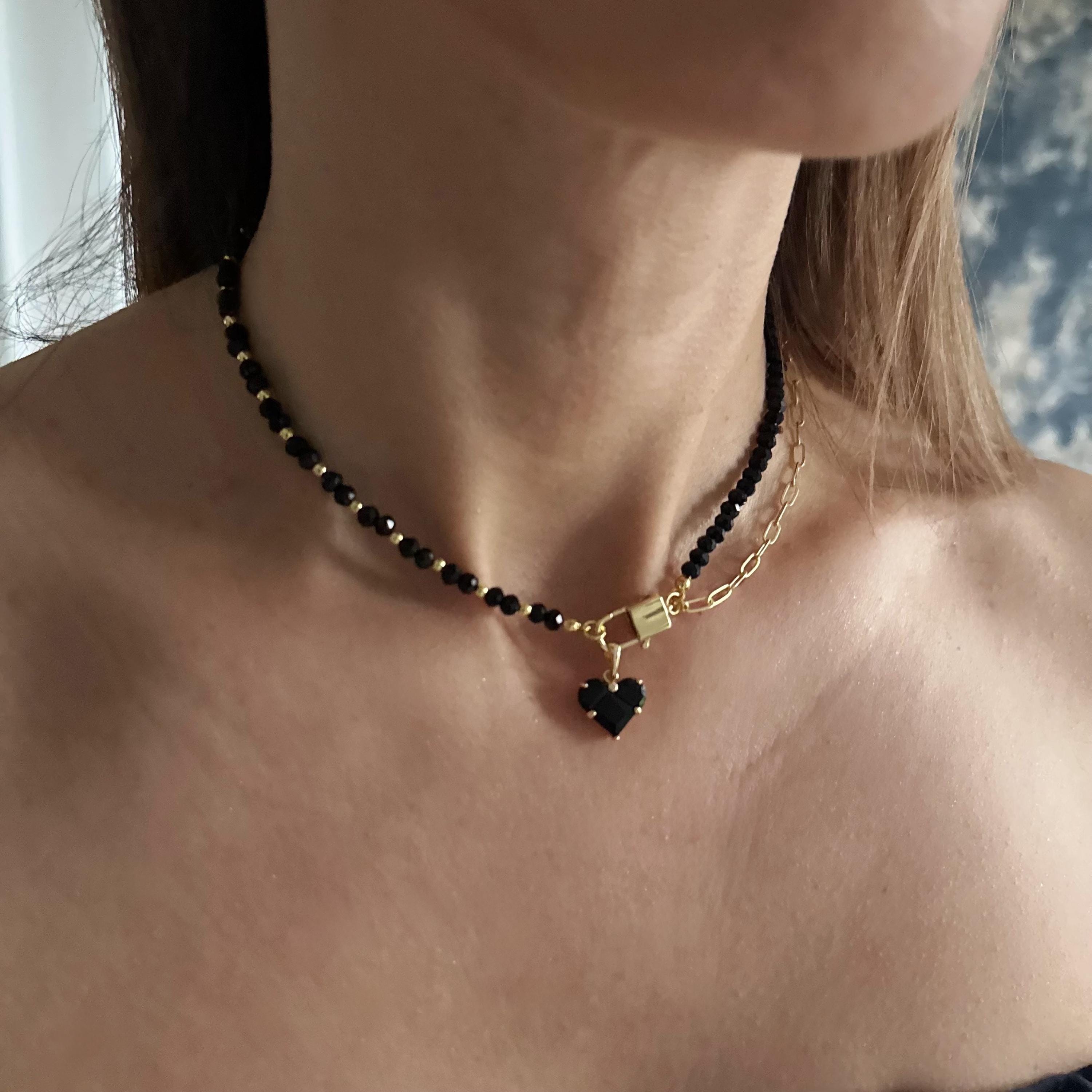 Layered Choker Necklace Black Spinel Beaded Gold Chain Heart Pendant Minimalist Jewelry Dainty Design Elegant Gift Natural Stone Beads Gold Plated Metal Modern Style Everyday Wear Special Occasion Perfect Present Fourteen Inch Length