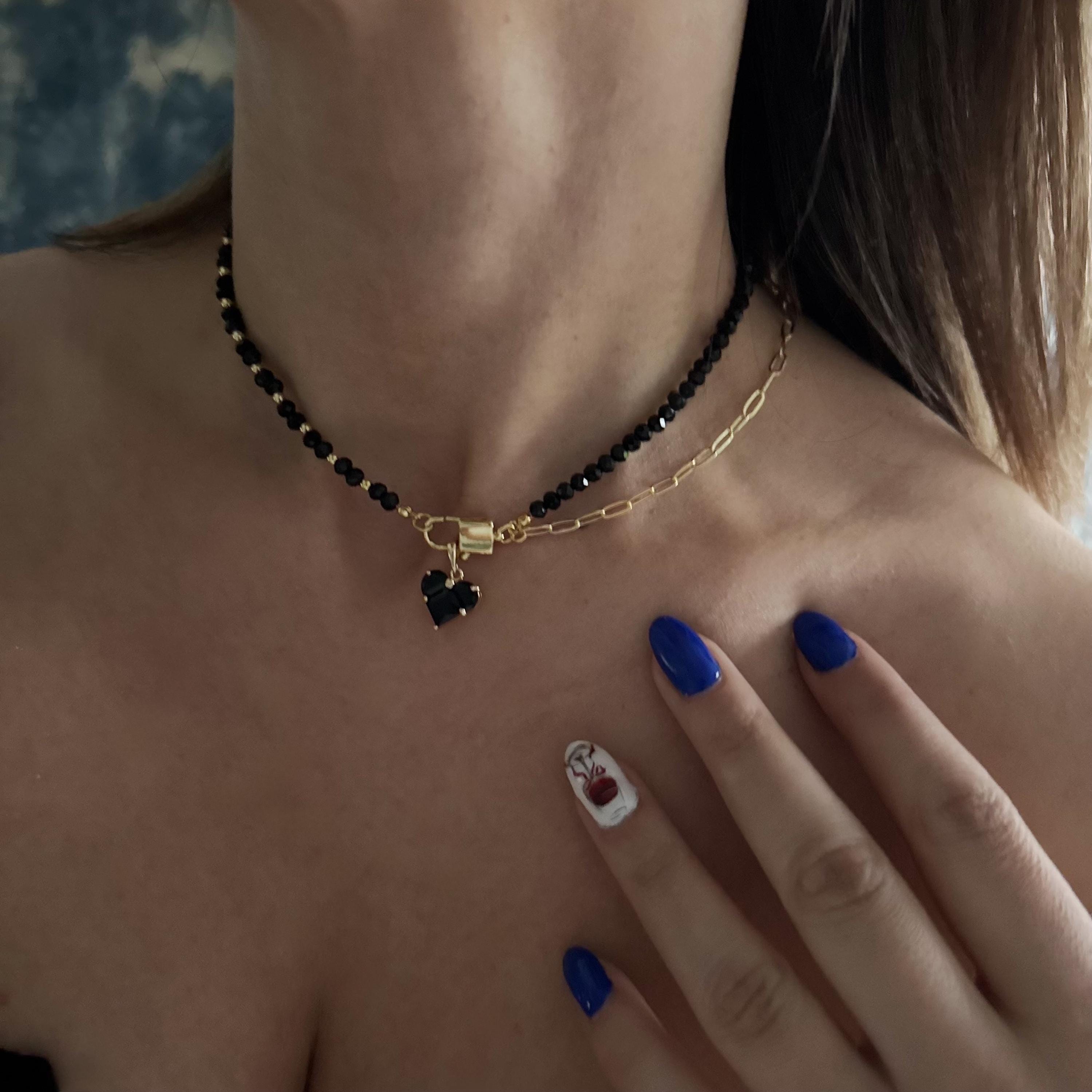 Black Spinel Necklace Gold Heart Pendant Layered Choker Design Beaded Chain Combination Elegant Valentine Gift Special Occasion Jewelry Dainty Minimalist Style Modern Fashion Accessory Natural Stone Beads Gold Plated Elements Romantic
