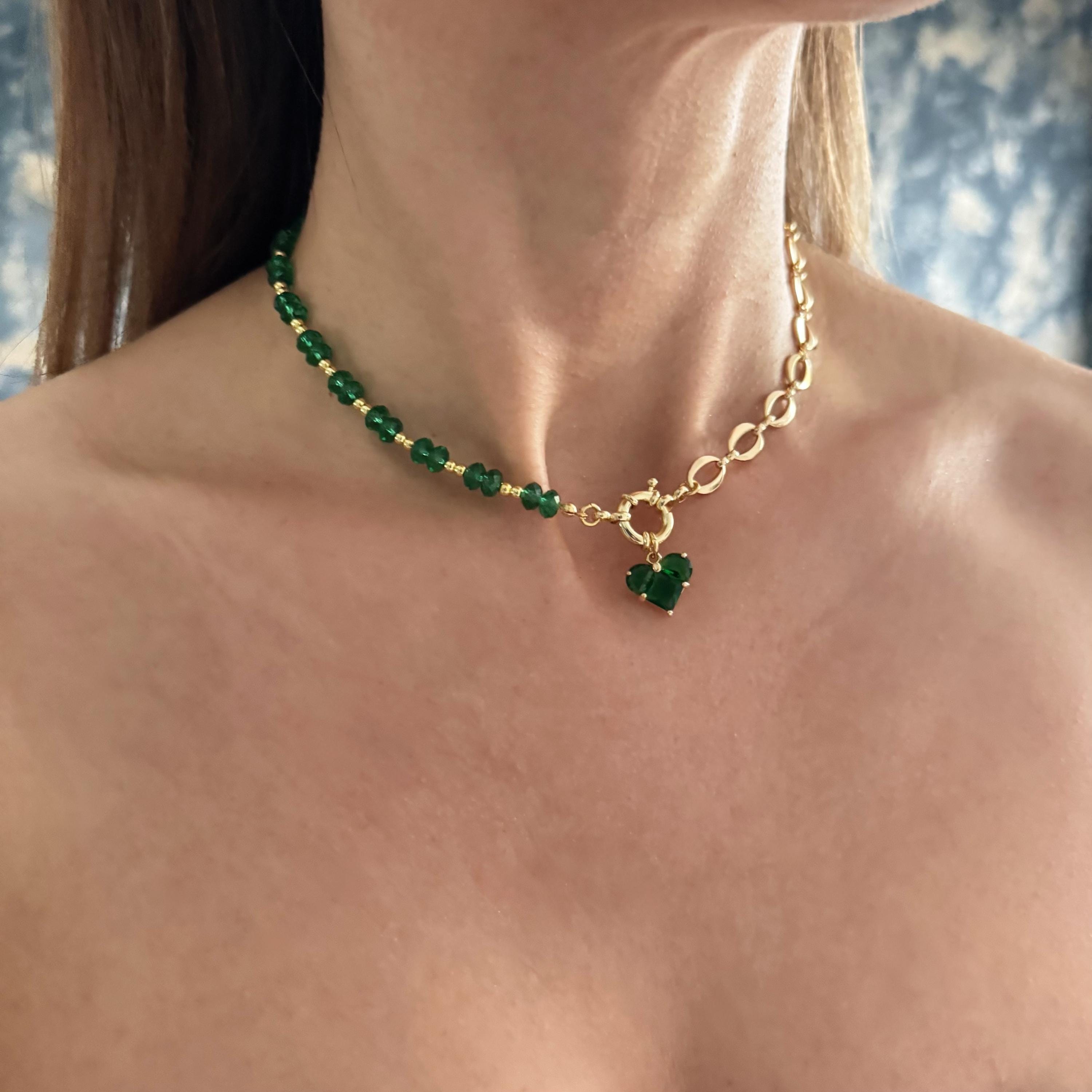 Emerald Crystal Choker Heart Pendant Gold Chain Beaded Necklace Green Crystal Design Elegant Statement Piece Dainty Jewelry Collection Gold Plated Material Fashion Forward Accessory Trendy Layering Necklace Stylish Womens Gift Idea Special