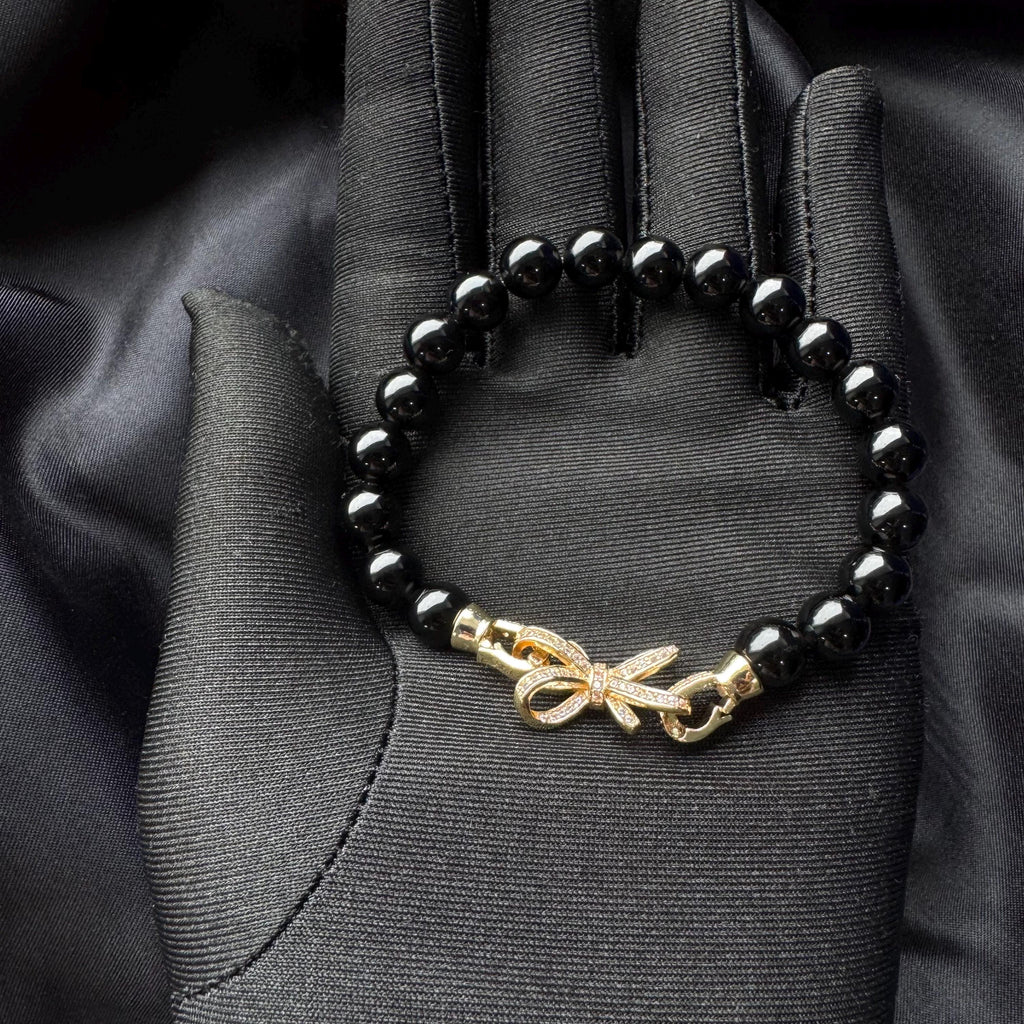 Black Pearl Bracelet Gold Charm Jewelry Piece Crystal Formal Evening Accessory Elegant Design Sophisticated Style Statement Night Out
