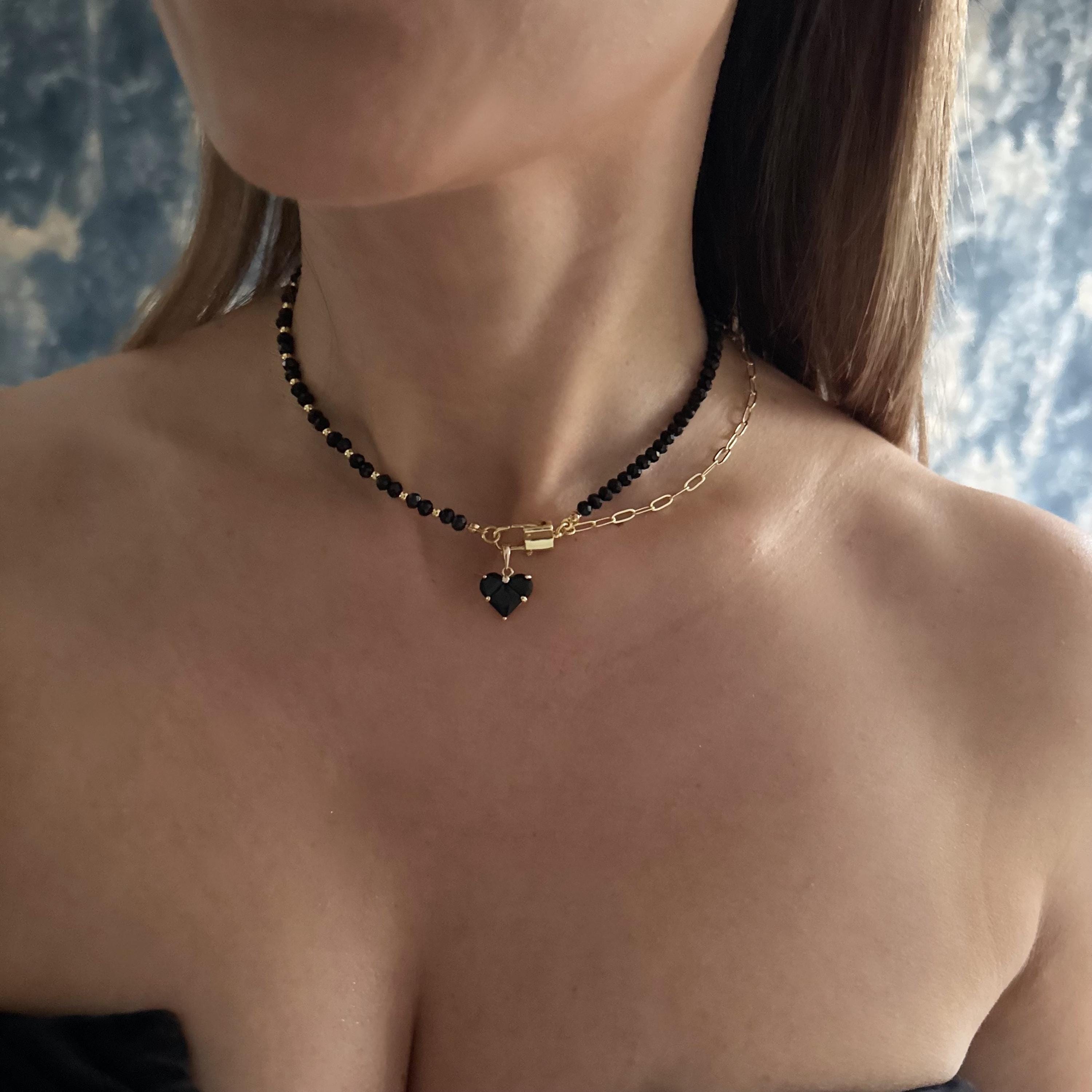 Layered Choker Necklace Black Spinel Beaded Gold Chain Heart Pendant Minimalist Jewelry Dainty Design Elegant Gift Natural Stone Beads Gold Plated Metal Modern Style Everyday Wear Special Occasion Perfect Present Fourteen Inch Length