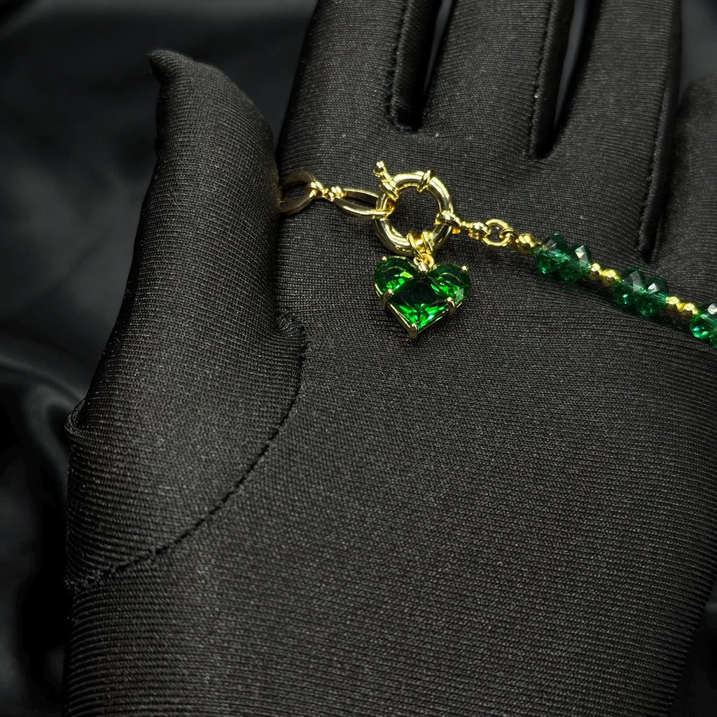 Emerald Green Choker Necklace Gold Heart Charm and Chain Green Crystal Jewelry Gift in Box